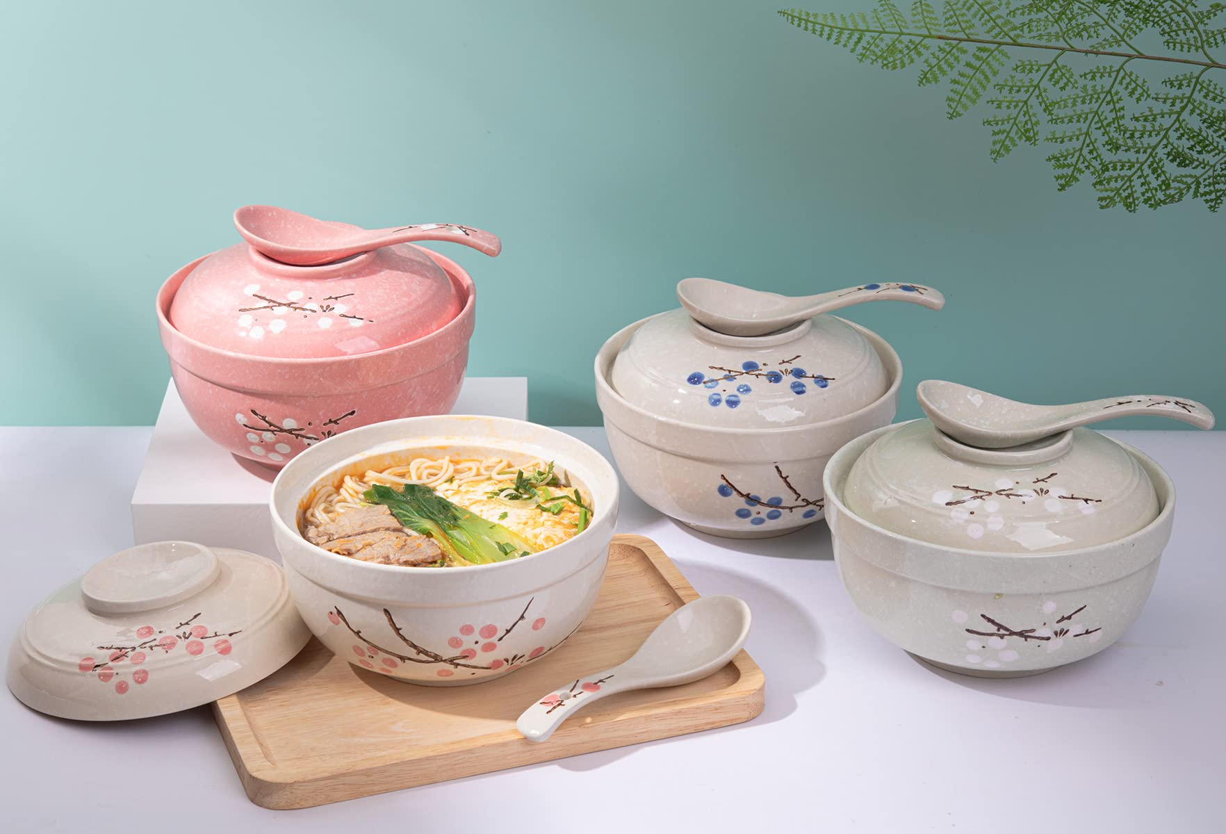 Japanese Hand-Painted Ceramic Ramen Bowls with Spoon - 27.5oz Large Microwave & Dishwasher Safe Soup Bowls - Heat Preserving Pink Rice/Noodle Bowls for Home, Restaurant & Gift Giving