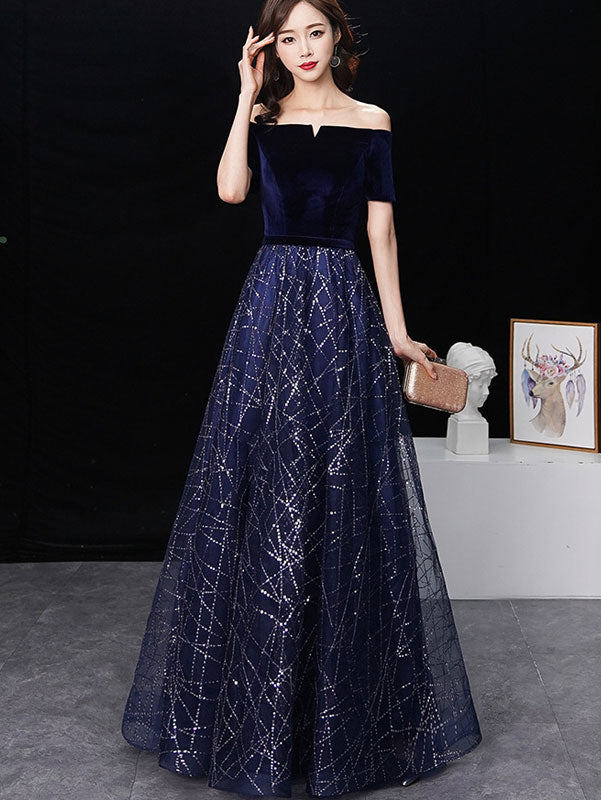 Elegant Blue A-Line Off-Shoulder Sequined Maxi Dress for Prom, Evening Gala & Formal Events | Plus Size Options Available
