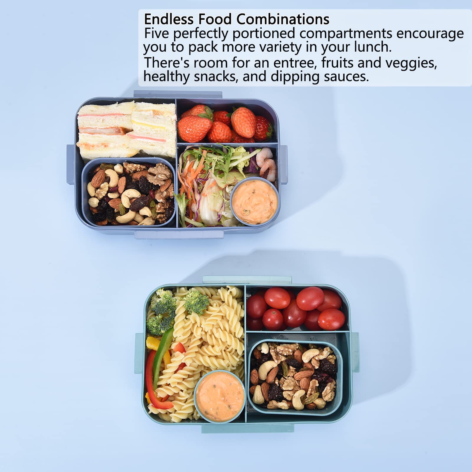 Eco-Friendly 2045ml Wheat Straw Bento Box for Kids & Adults - 5 Compartment Leak-Proof Lunch Container with Utensil Set, BPA-Free - Perfect for School, Office, Picnic & Meal Prep - Blue