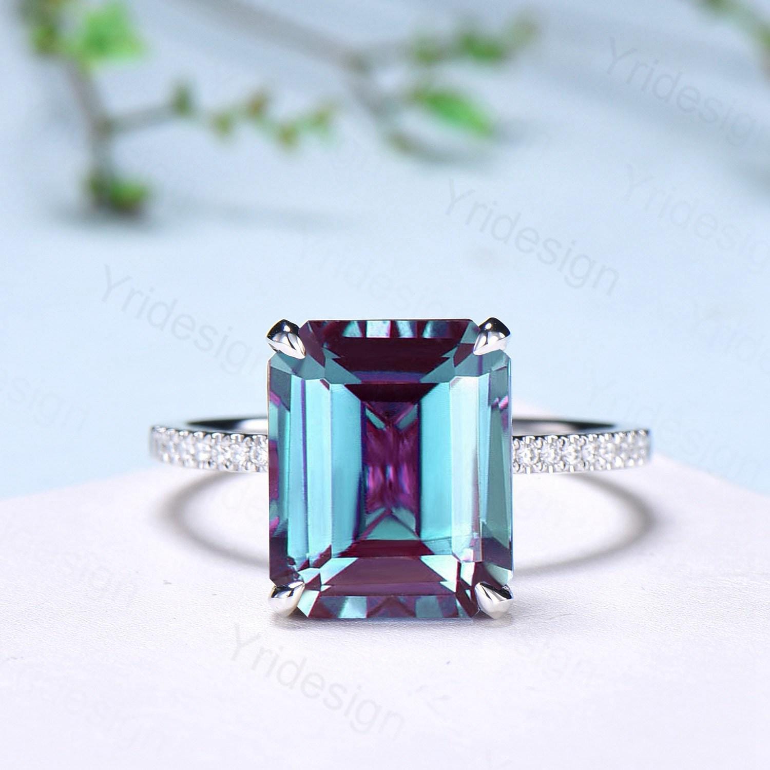 Vintage 14K Rose Gold Hidden Halo Emerald Cut Alexandrite Engagement Ring with 6CT Diamond - Perfect Wedding Band & Anniversary Gift for Her | Elegant Jewelry for Proposals, Bridal Sets & Special Occasions
