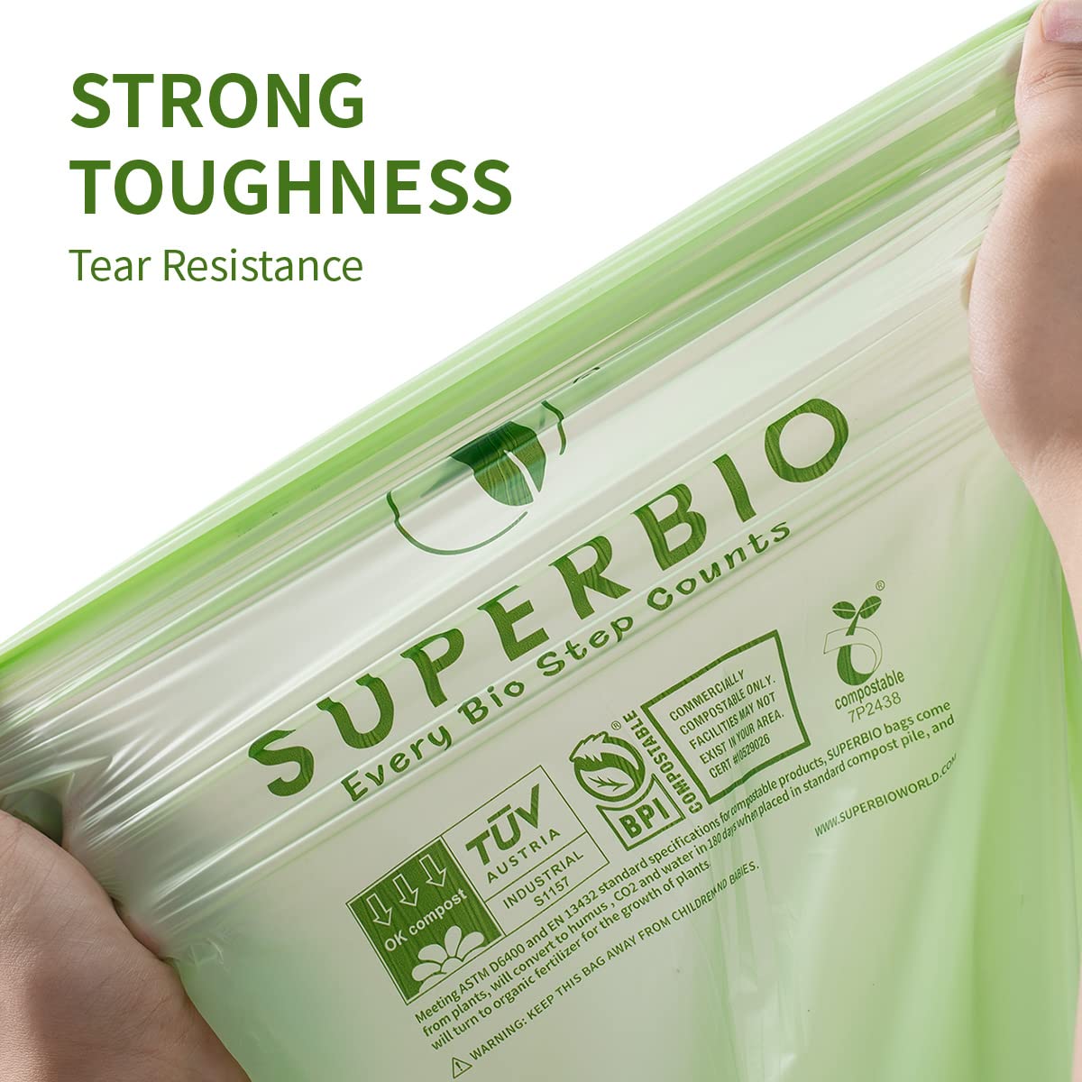 SUPERBIO 2.6 Gallon Compostable Trash Bags with Handles - 100 Count (1 Pack) - BPI & OK Compost INDUSTRIAL Certified Food Waste Bags - 9.84L - Perfect for Kitchen Composting, Organic Waste Disposal & Eco-Friendly Trash Collection