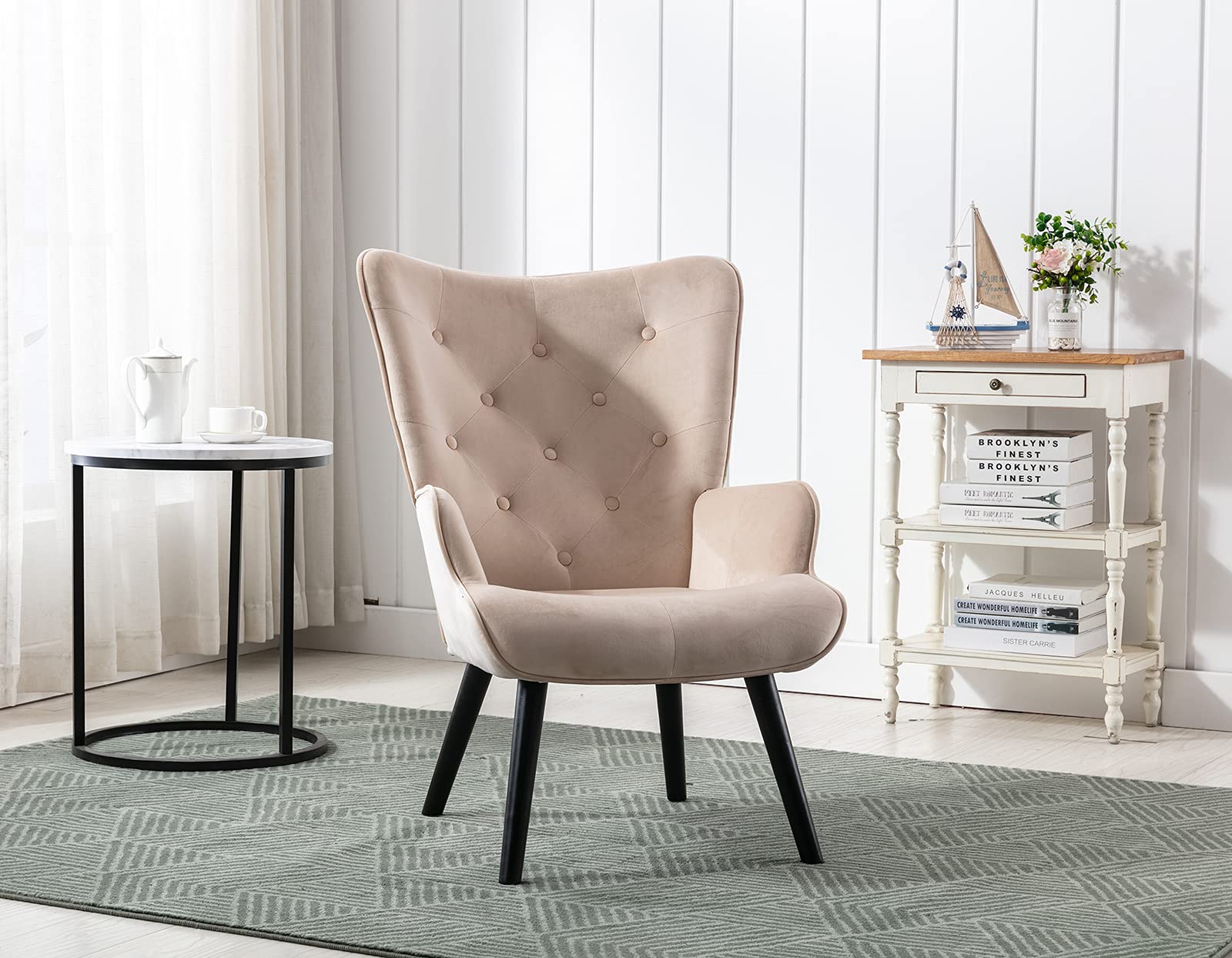 Baysitone Modern Velvet Accent Chair - High Back Comfort Lounge Chair for Living Room & Bedroom, Compact Upholstered Side Chair in Beige | Perfect for Reading Nook, Home Office & Small Space Decor