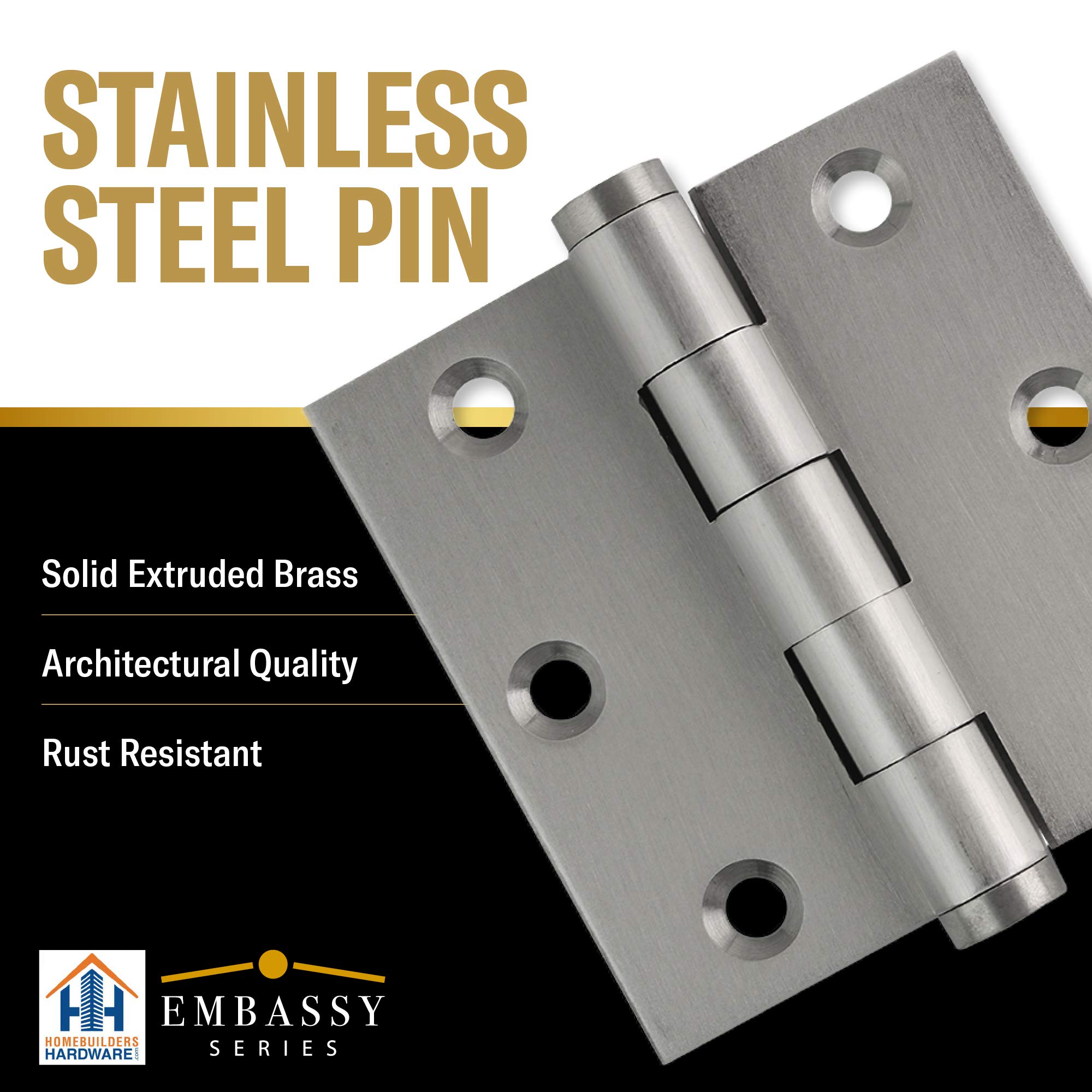 3 Pack Solid Brass 3x3 Inch Cabinet Hinges with Satin Nickel Finish & Acorn Tips - Heavy Duty Door Hinges for Kitchen Cabinets, Furniture & Home Improvement Projects