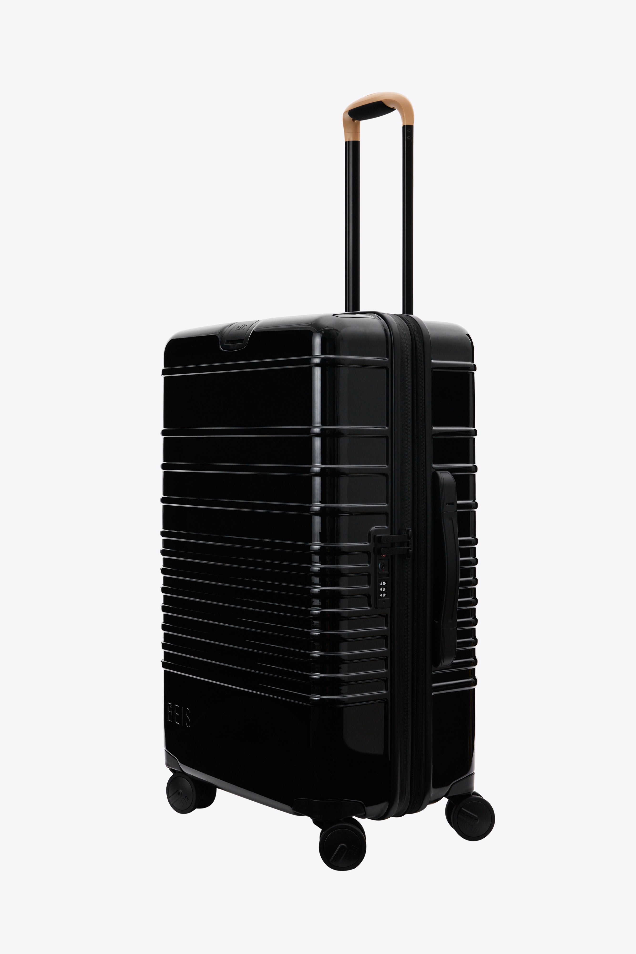Glossy Black Medium Check-In Roller Luggage - Perfect for Business Travel & Weekend Getaways