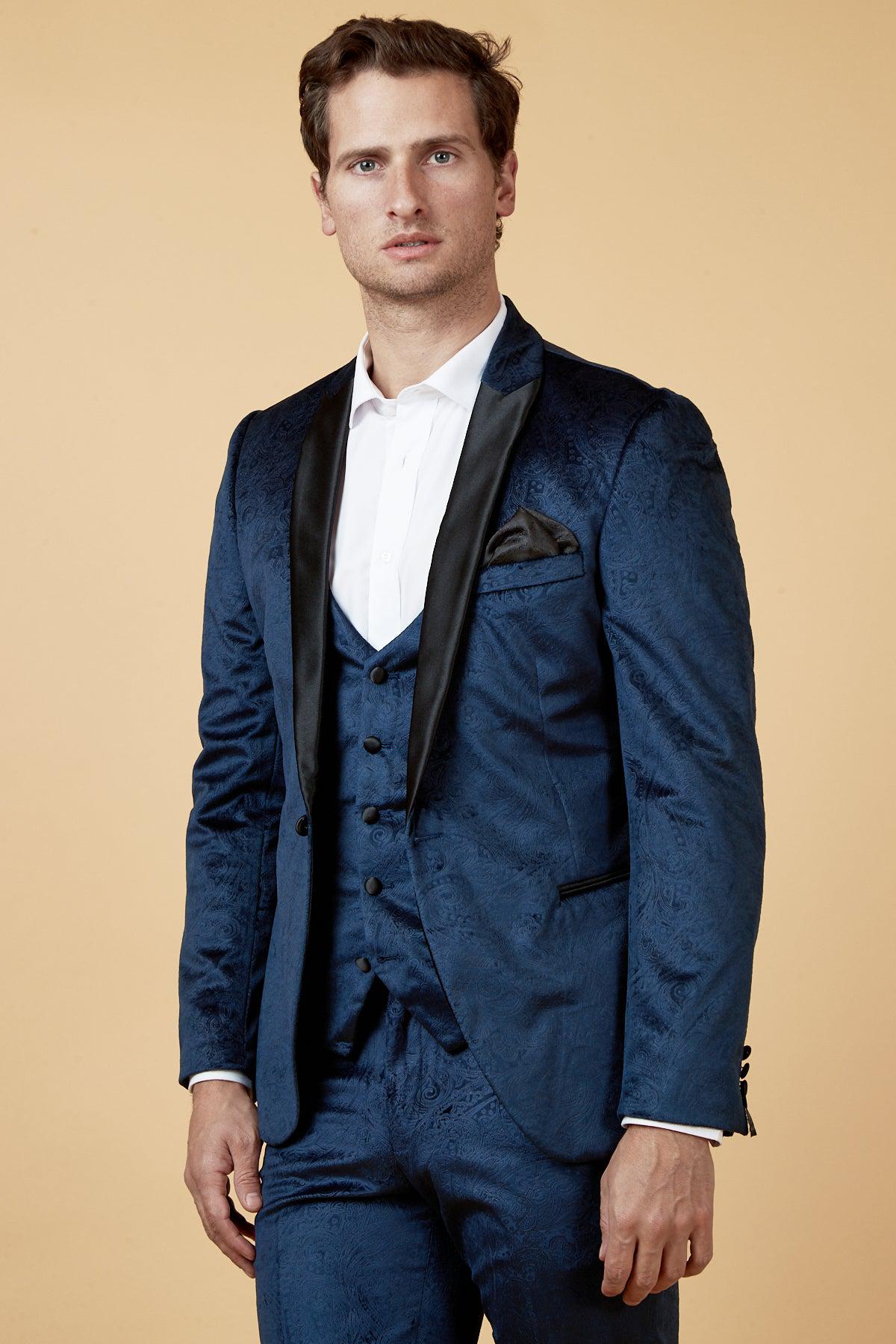 SIMON Velvet Navy Tuxedo Lapel Jacquard Blazer for Men - Formal Evening Wear, Wedding Suit, Prom & Special Occasions