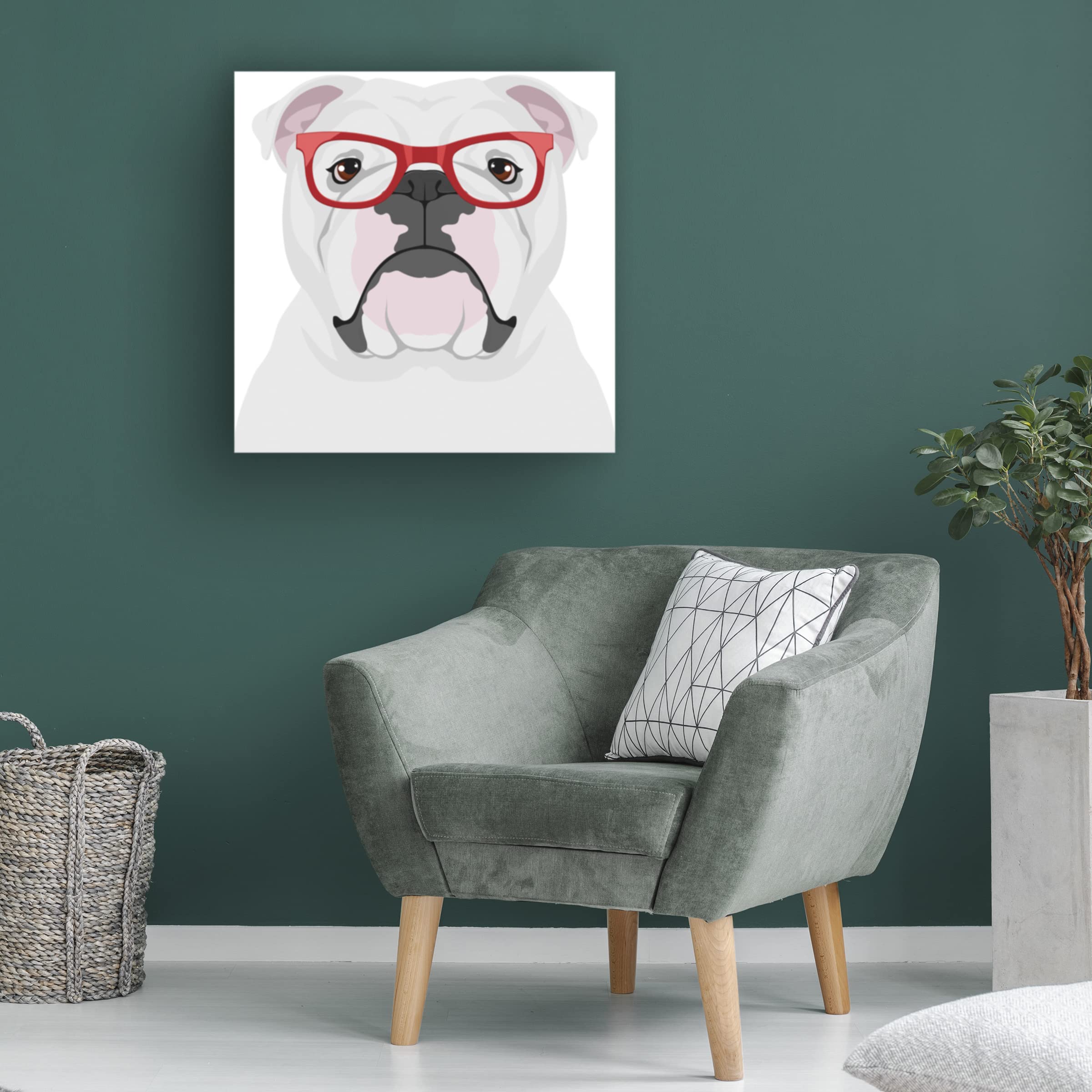Trademark Fine Art 'English Bulldog Wearing Hipster Glasses' Canvas Wall Art Print - Funny Pet Portrait for Living Room, Office & Home Decor