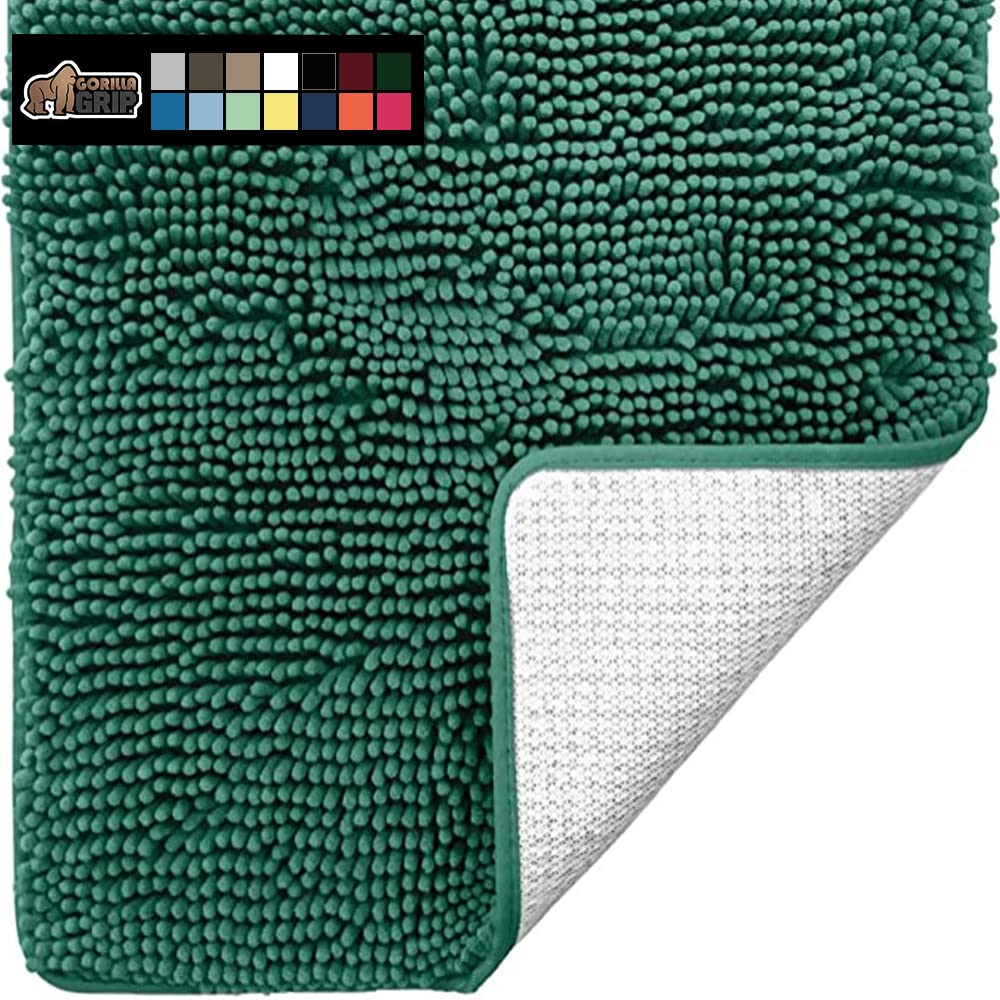 Gorilla Grip Bath Rug 36x24 Inch - Super Soft Absorbent Chenille Bath Mat with Non-Slip Rubber Backing, Quick-Dry Microfiber Shaggy Rug for Bathroom, Machine Washable & Durable - Emerald Green - Perfect for Bathtub, Shower Floor and Bathroom Decor