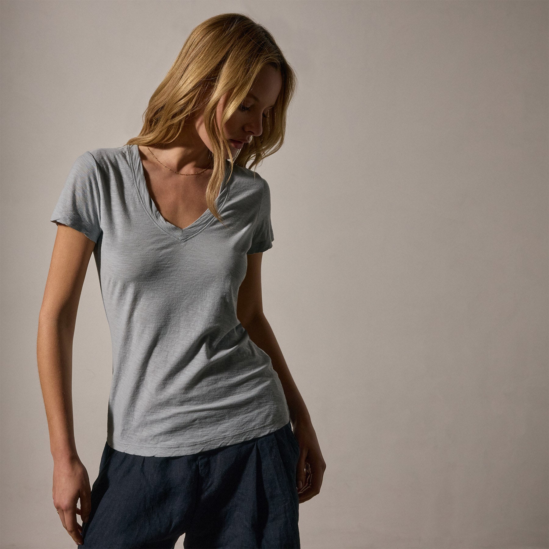 Sheer Slub Casual V-Neck T-Shirt for Women - Soft Grey Sky Color - Perfect for Everyday Wear, Layering & Casual Outfits