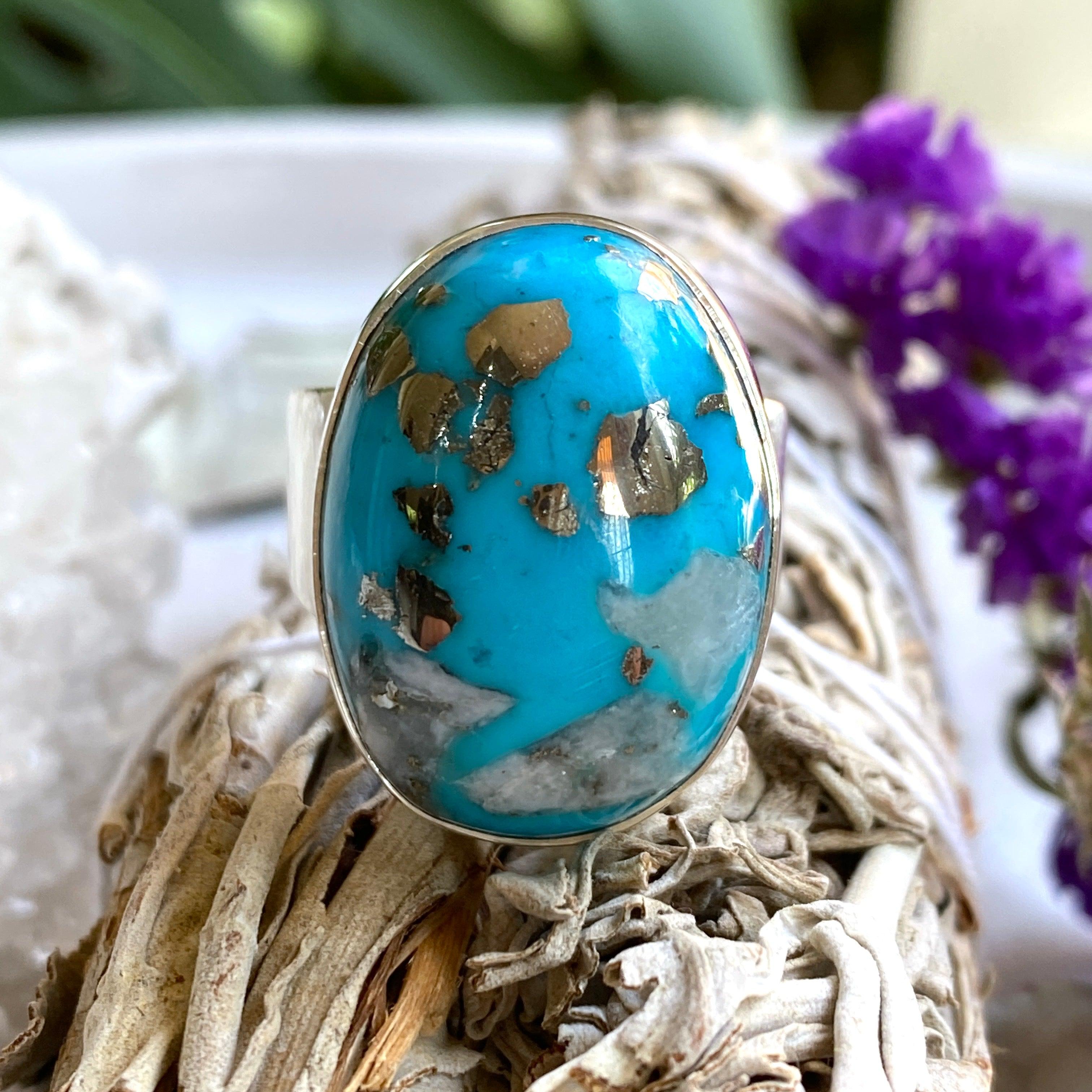 Persian Turquoise with Pyrite Oval Ring - Size 13 - KRGJ2518 - Elegant Jewelry for Women, Perfect for Weddings, Parties & Special Occasions