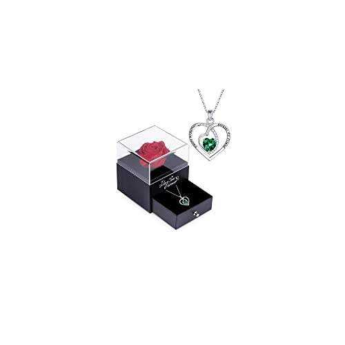 Eternal Preserved Red Rose Gift Box with 925 Sterling Silver Birthstone Heart Necklace - Perfect Mother's Day, Valentine's, Christmas & Birthday Gift for Mom - Romantic Keepsake for Special Occasions
