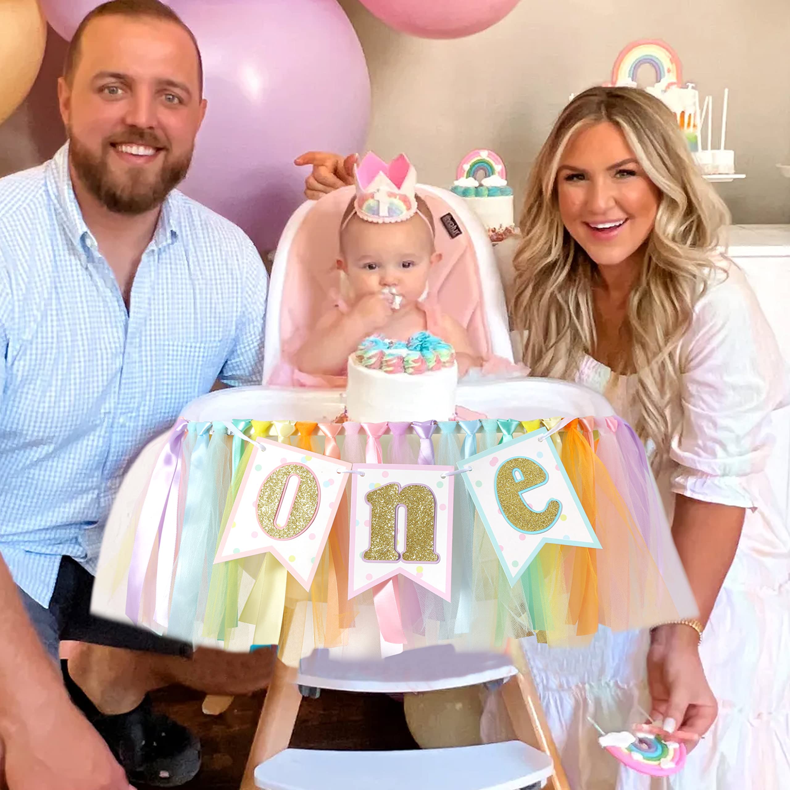 Rainbow High Chair Banner for 1st Birthday - Girl's First Birthday Tutu Banner, Ice Cream Party Decorations, Baby Shower & Birthday Party Supplies - Perfect for Cake Smash Photos, Highchair Decor, and Rainbow-Themed Celebrations