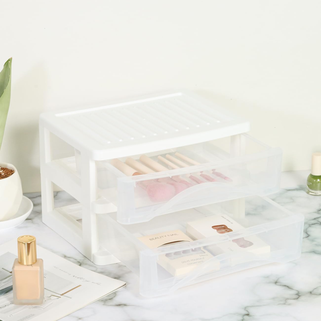 2-Pack White Plastic Desktop Organizer with 2 Drawers - Office Supplies & Makeup Storage Box for Desk Organization - Perfect for Office, School, Home & Dorm Room Use
