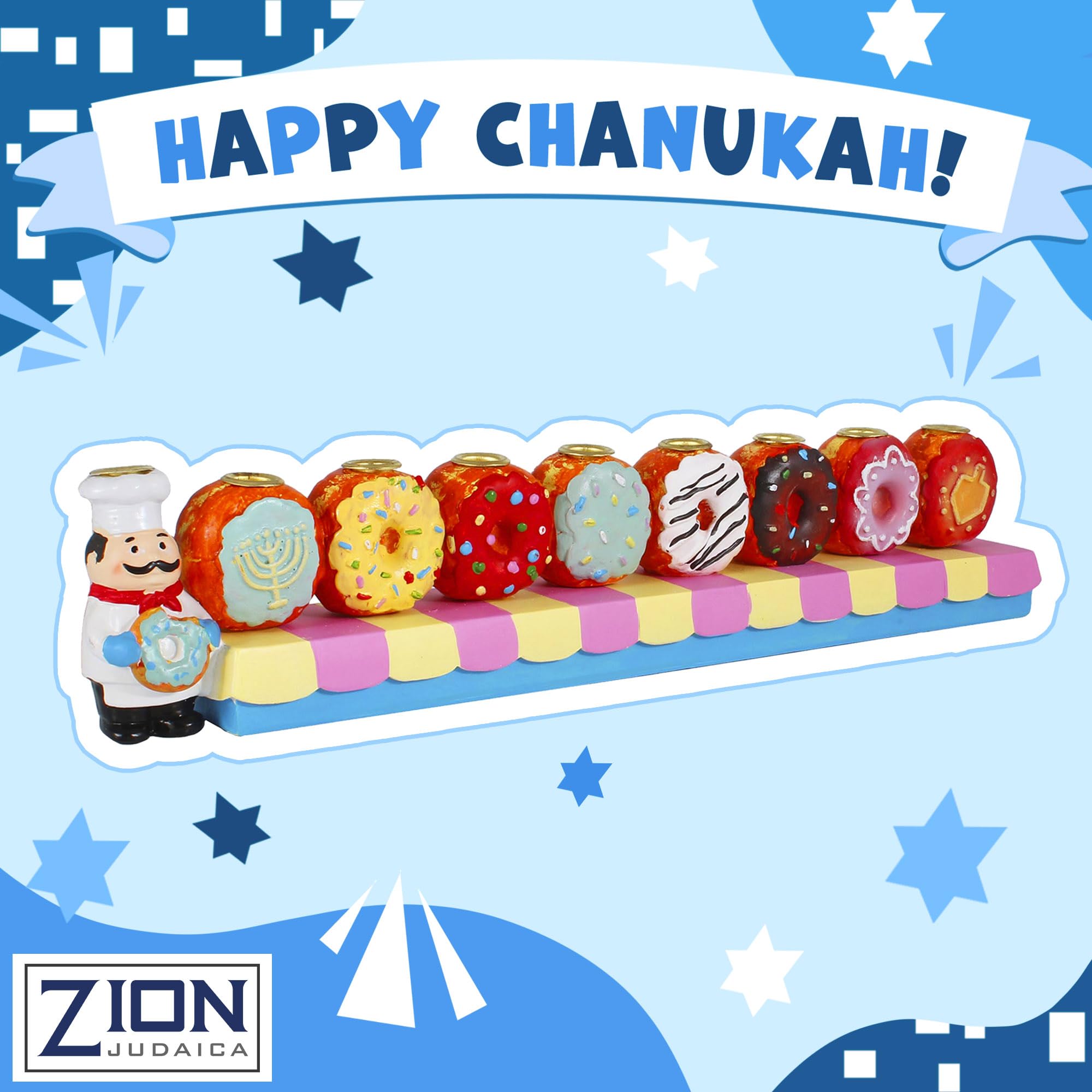 Hand-Painted Baker & Doughnuts Children's Candle Menorah - Traditional Chanukah Sofganiyot Design Fits Standard Hanukkah Candles - Collectible Hanukkiyah by Zion Judaica - Perfect for Kids' Hanukkah Celebrations & Jewish Holiday Decor