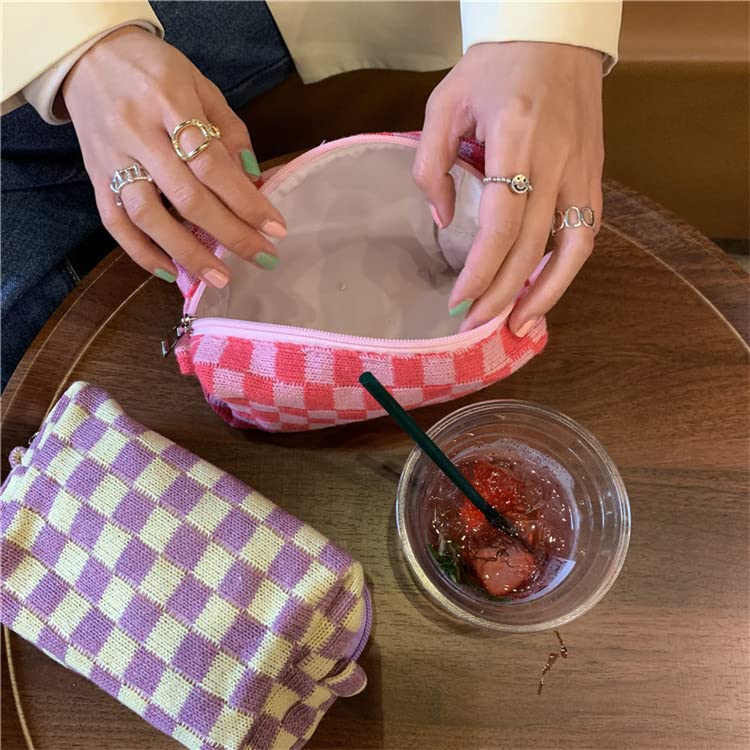 2 Pack Small Makeup Bags - Checkered Cosmetic Pouch & Makeup Brush Organizer | Cute Mini Travel Toiletry Bag for Women | Perfect for Purse, Gym, Vacation & Daily Essentials Storage | Aesthetic Accessories Case