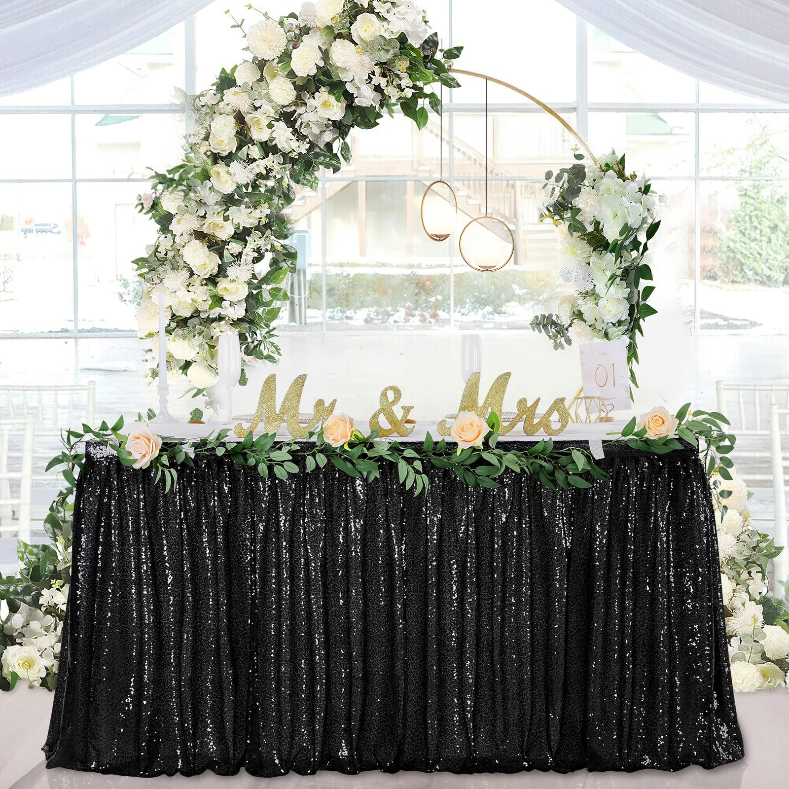 9ft Black Sequin Table Skirt for Round, Rectangle & Square Tables - Perfect for Birthday Parties, Baby Showers & Home Decor