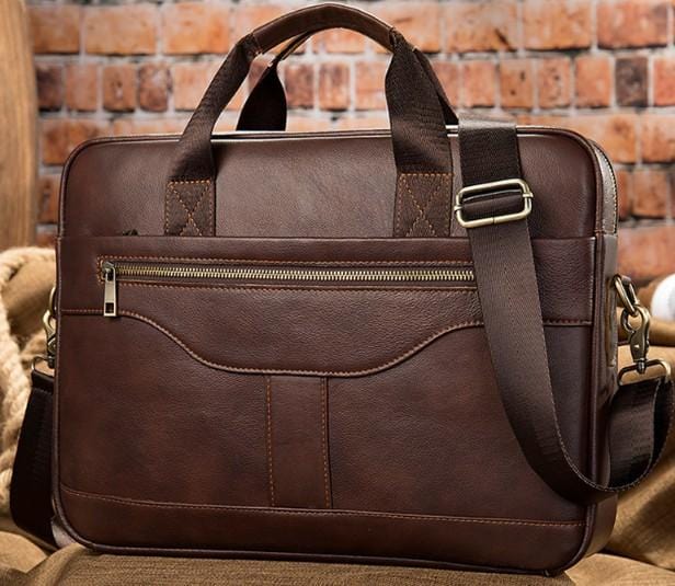 Premium Genuine Leather Laptop Messenger Bag for Men & Women - Business Briefcase with Adjustable Strap (Brown) - Perfect for Work, Travel & Daily Commute