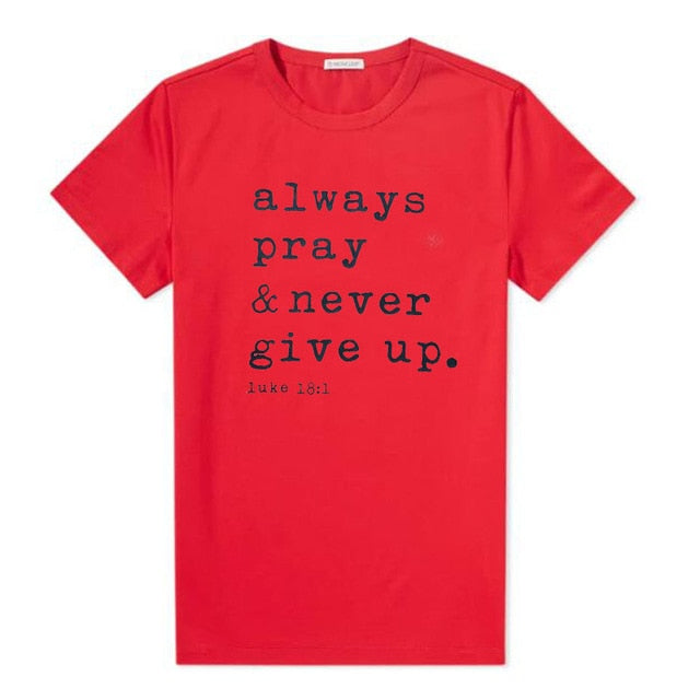 red tee black text