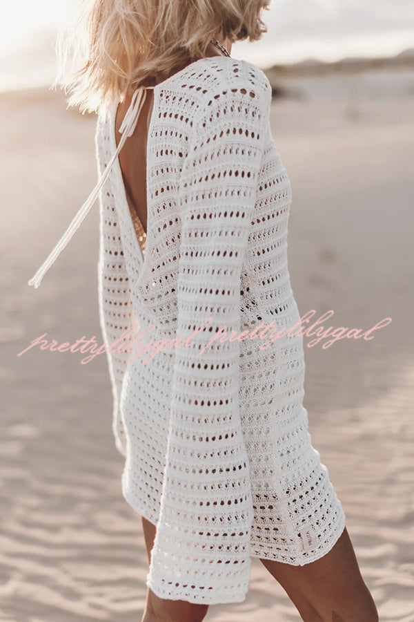 Sunset Love Knit Open Back Tie-Up Flare Sleeve Cover Up Mini Dress - Perfect for Beach Vacation, Summer Party & Boho Fashion