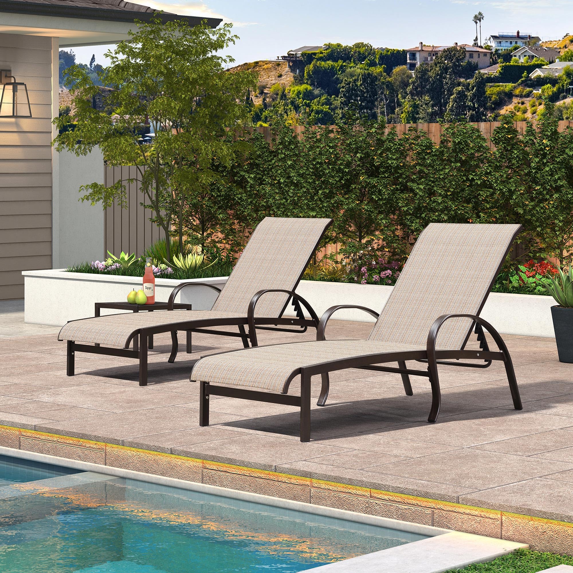 Premium Outdoor Chaise Lounge Chair Set of 3 - Aluminum Patio Pool Loungers with Side Table, Adjustable Tanning Recliner for Backyard, Deck, Garden & Beach (Khaki) | Perfect for Sunbathing, Poolside Relaxation & Outdoor Entertaining