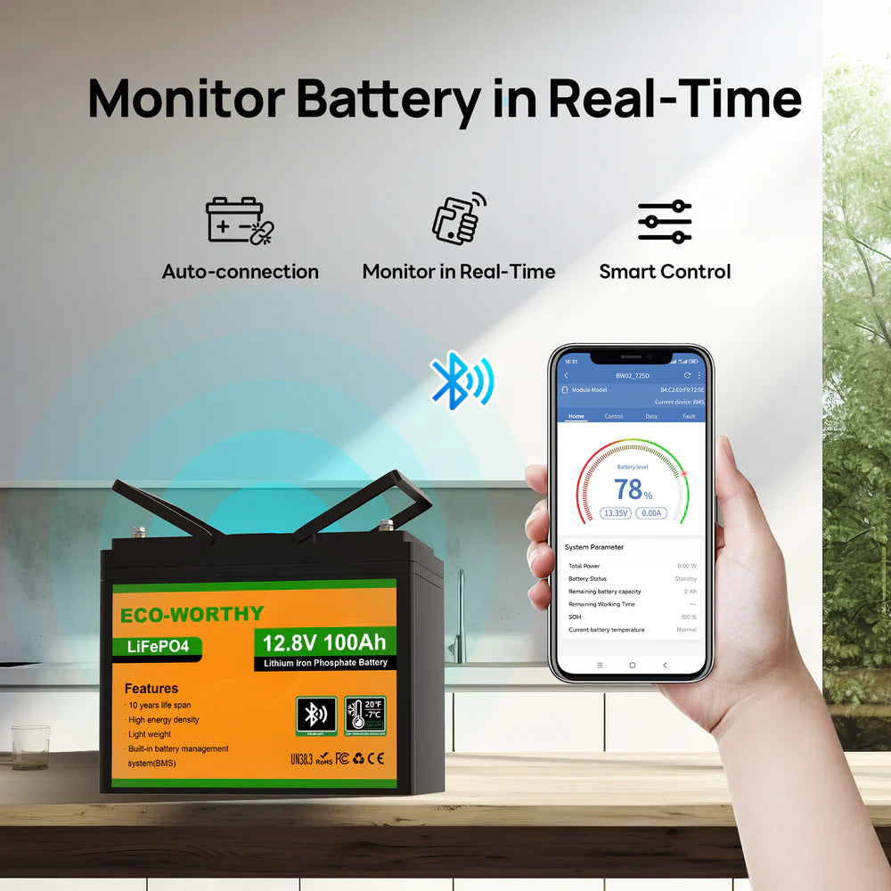 ECO WORTHY 12V 100Ah LiFePO4 Deep Cycle Battery with Bluetooth & Low Temp Protection - Perfect for Solar Power, RV, Marine & Off-Grid Applications