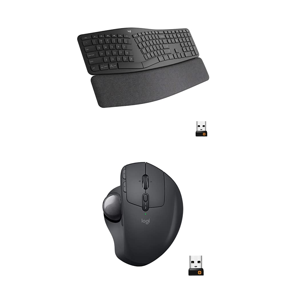 Logitech Ergo K860 Wireless Ergonomic Keyboard with Wrist Rest & MX Ergo Wireless Trackball Mouse - Comfortable Split Keyboard for Office Work, Typing & Computer Use