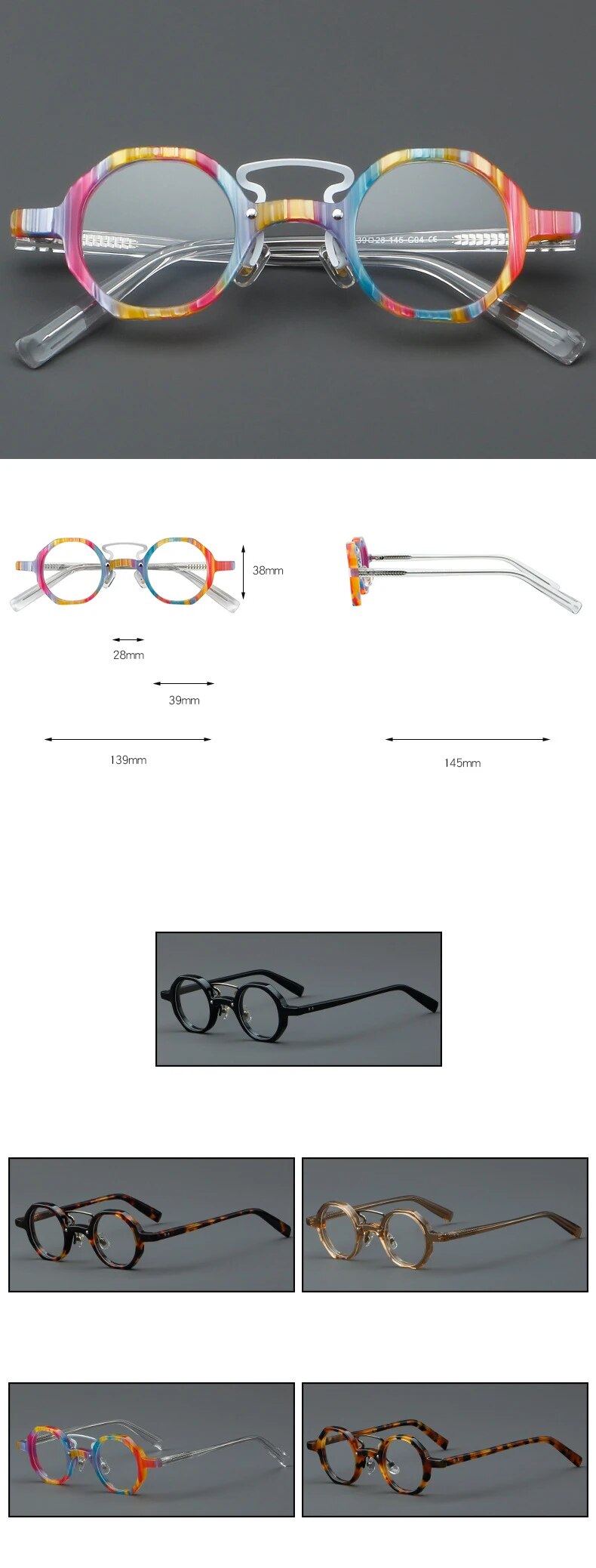 CCspace Unisex Full Rim Small Round Double Bridge Acetate Alloy Eyeglasses 57057 - Stylish & Lightweight Reading Glasses for Men & Women - Perfect for Office, Reading & Daily Wear