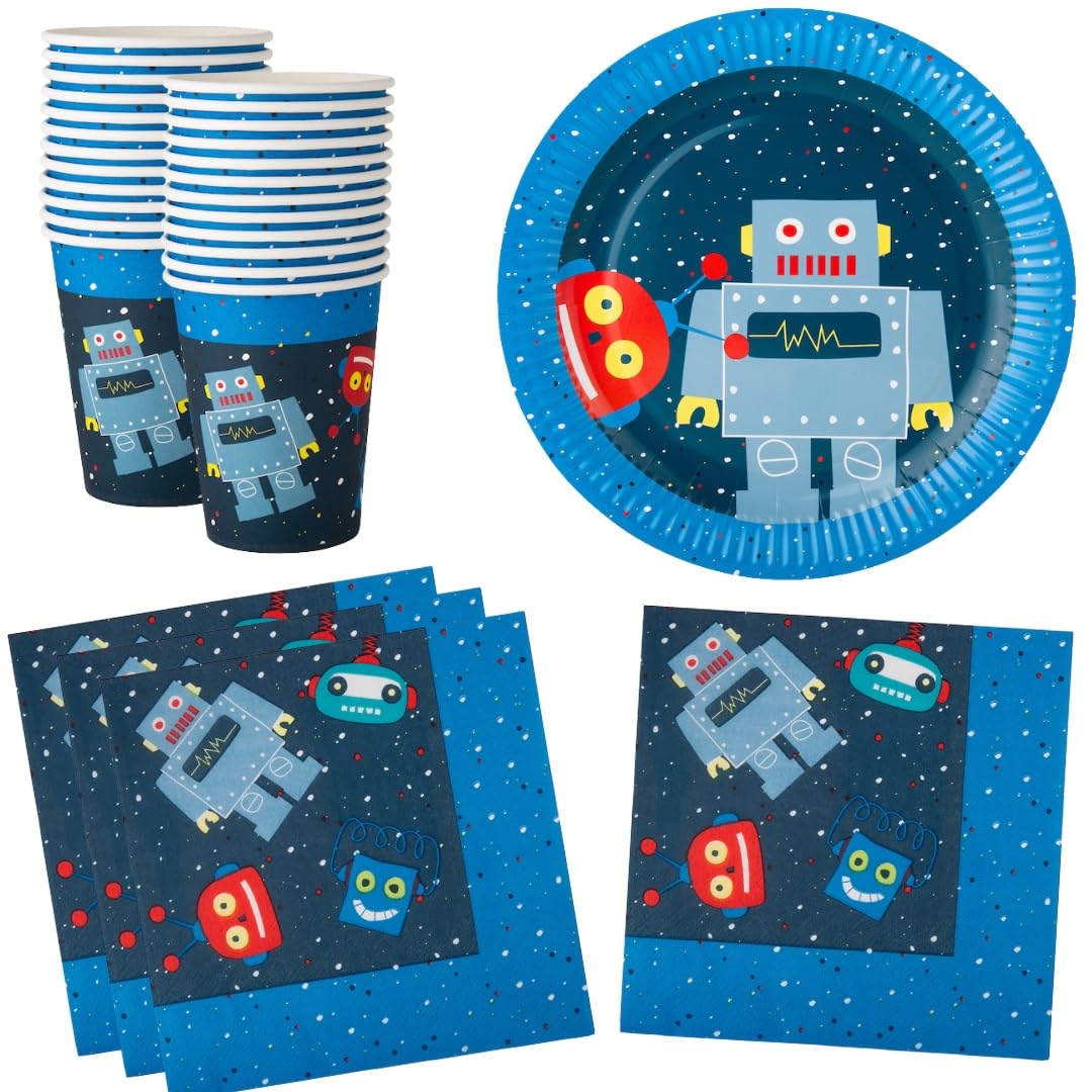 Blue Robot-Themed Birthday Party Supplies - 72-Piece Disposable Paper Plates, Napkins & Cups Set for Boys (Serves 24) - Perfect for Kids' Birthday Parties, Themed Events & Celebrations