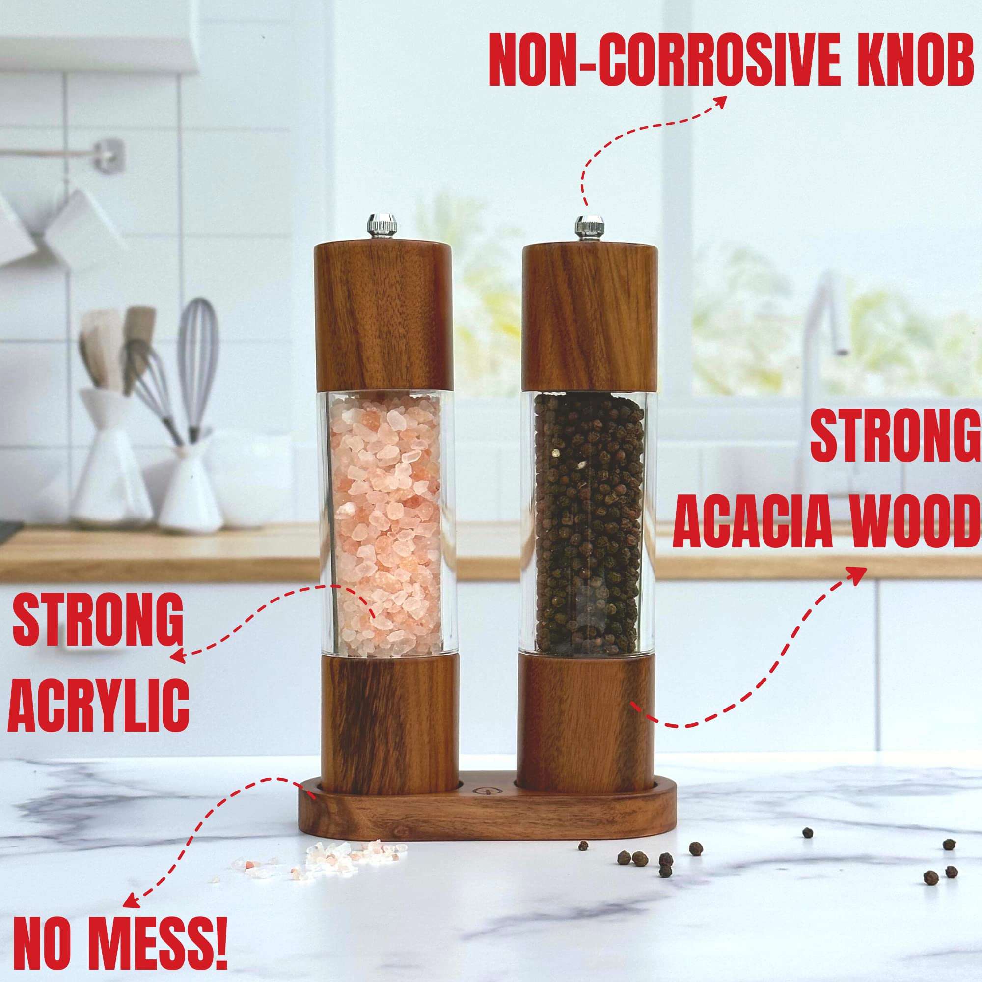 Premium Acacia Wood Salt and Pepper Grinder Set with Wooden Tray - Carbon Steel & Ceramic Core Mill - Adjustable Coarseness - Perfect for Kitchen, Dining Table, and Gift Giving
