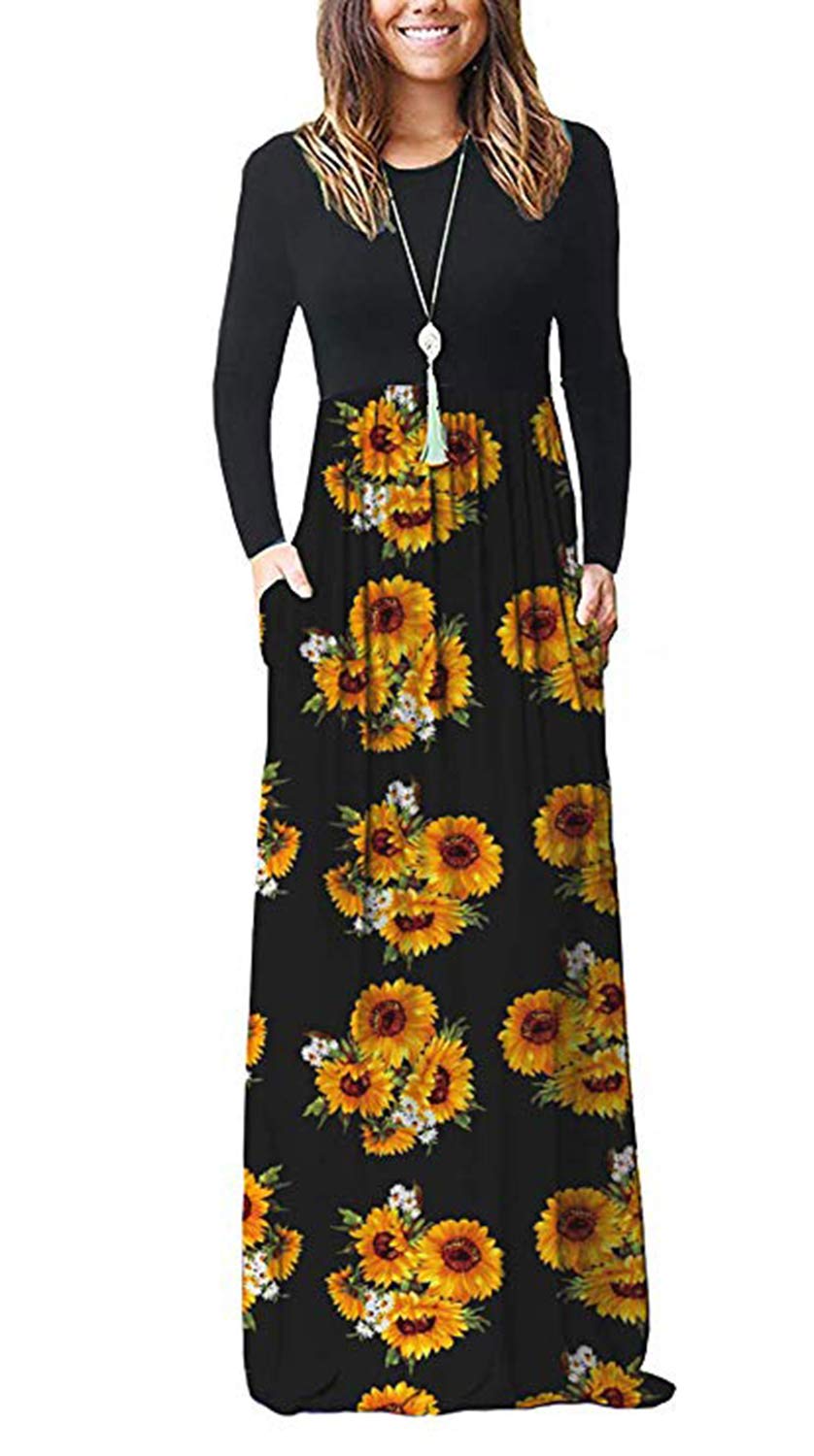 MISFAY Women's Long Sleeve Maxi Dress - Loose Fit Casual Plain Long Dress with Pockets | Perfect for Everyday Wear, Beach Cover Up & Boho Outfits