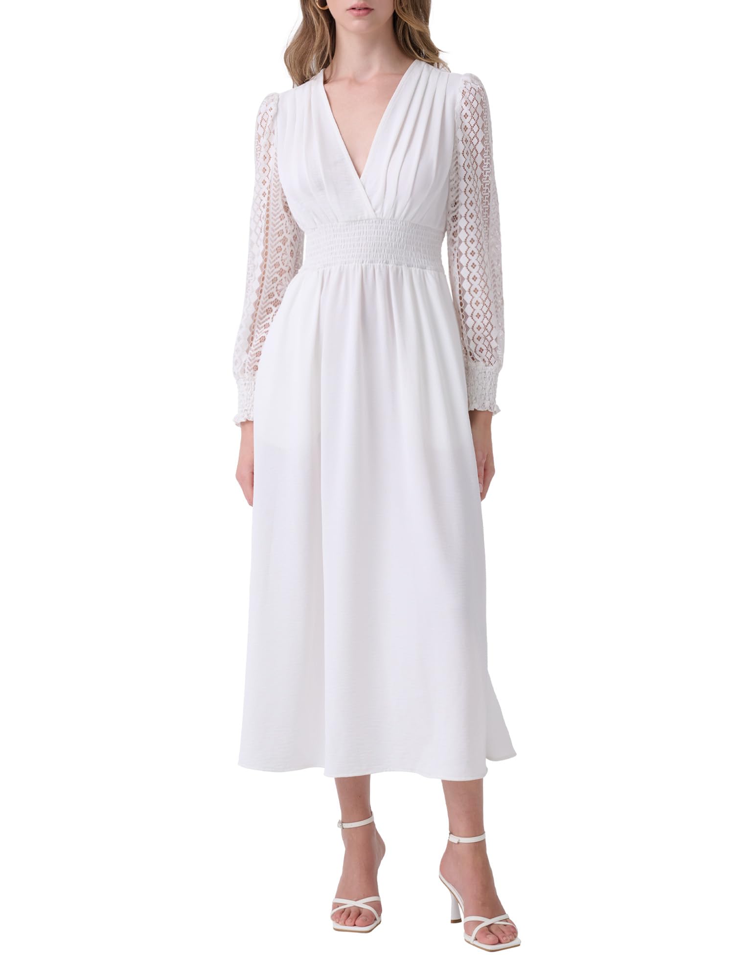 Elegant Lace Long Sleeve Maxi Dress for Women - V Neck Semi Formal Church & Wedding Guest Dress with Pockets | Perfect for Spring Weddings, Church Events & Special Occasions