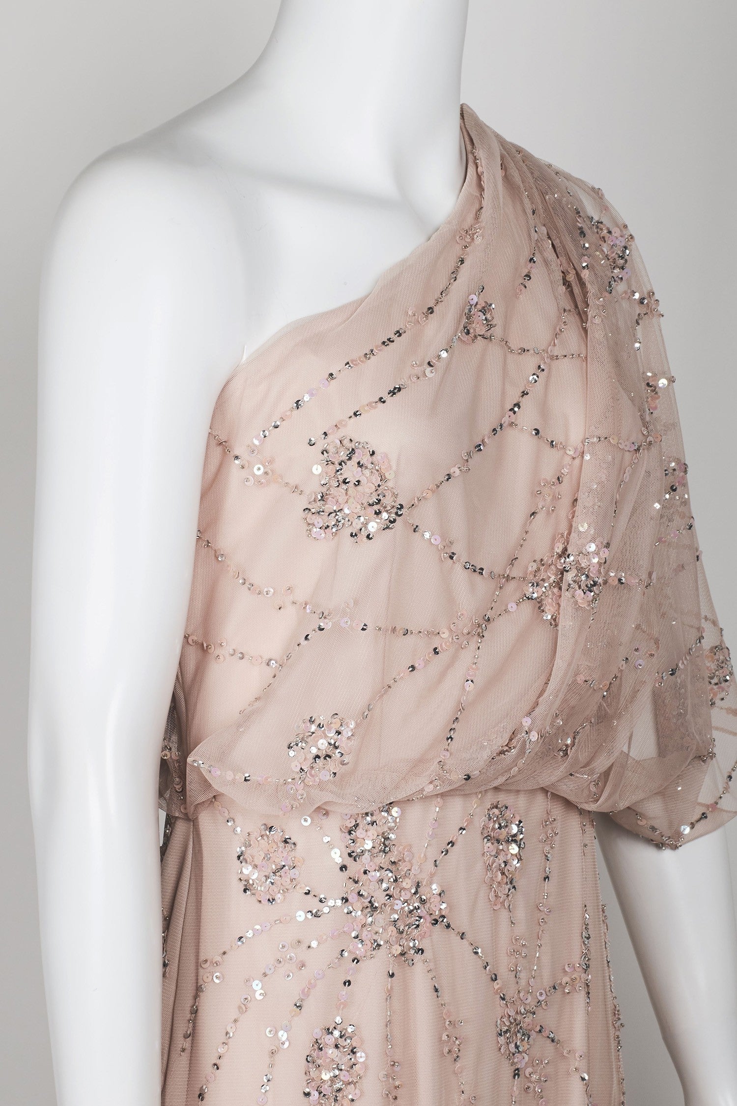 Adrianna Papell One Shoulder Beaded Gown - Elegant Blush Evening Dress for Prom, Wedding & Formal Events