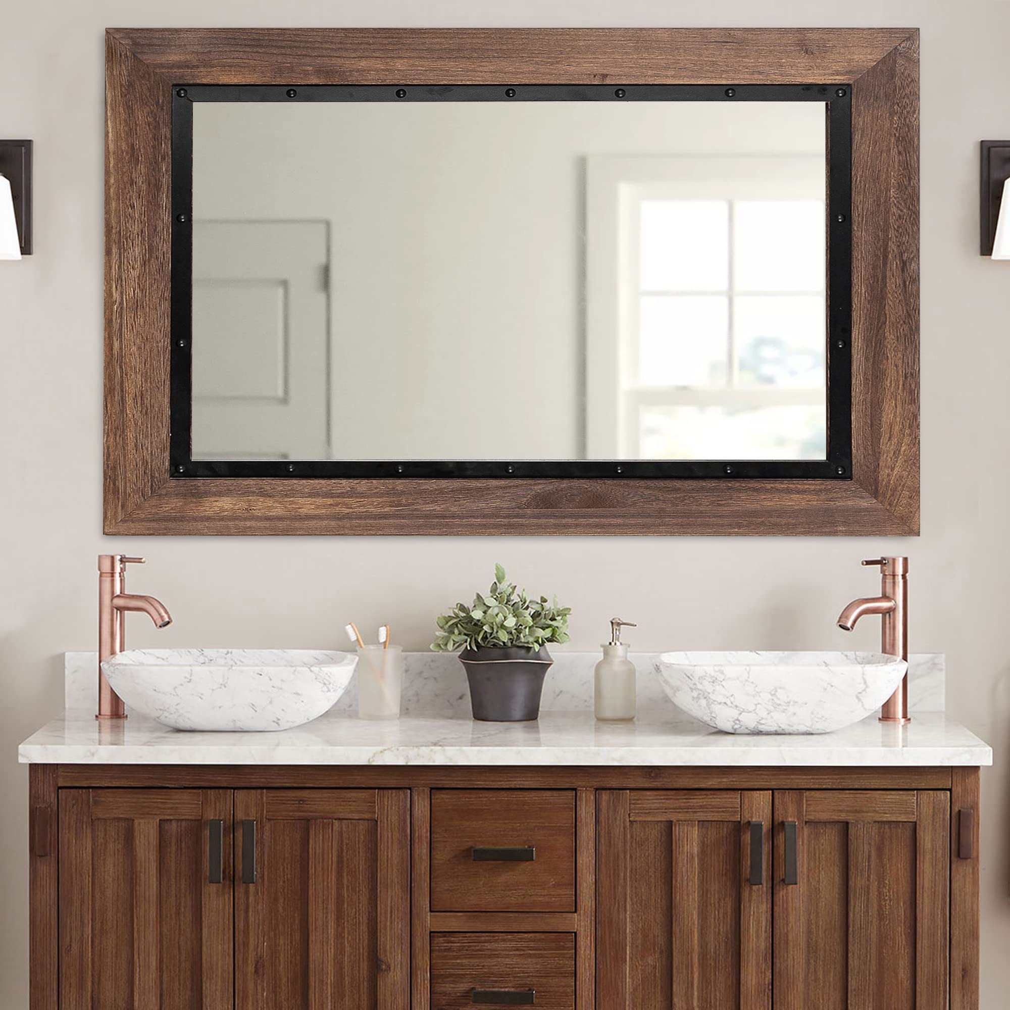 YOSHOOT Rustic Wooden Framed Wall Mirror - Natural Wood & Iron Bathroom Vanity Mirror for Farmhouse Decor - Vertical or Horizontal Hanging - Perfect for Bathroom, Bedroom, Entryway & Living Room Decor