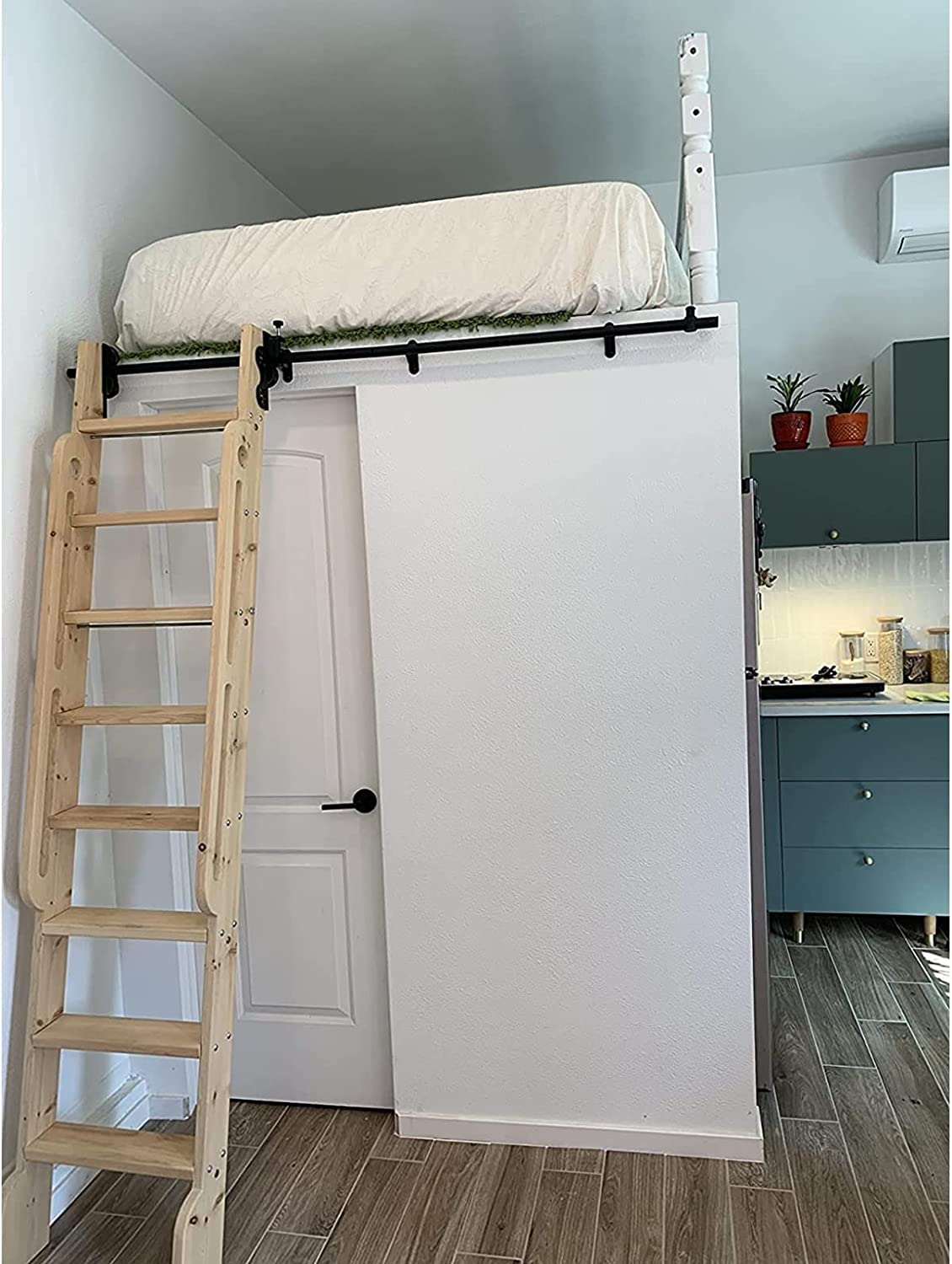 3.3ft to 20ft Sliding Barn Door Hardware Kit with Rolling Ladder - Complete Track System for Library, Loft or Warehouse - Round Tube Rolling Ladder Rail & Mounting Accessories Included