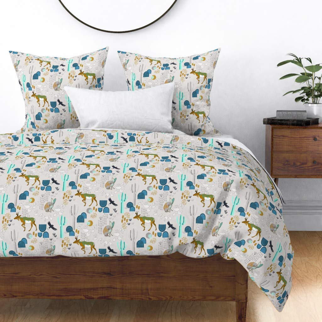 Sunrise Southwestern Folk Animals Boho Duvet Cover - King/California King Size, Cotton Sateen Fabric, Gender Neutral Nursery Decor with Desert Cactus Tribal Deer Rabbit Print - Perfect for Bohemian Bedroom, Guest Room or Kids' Room