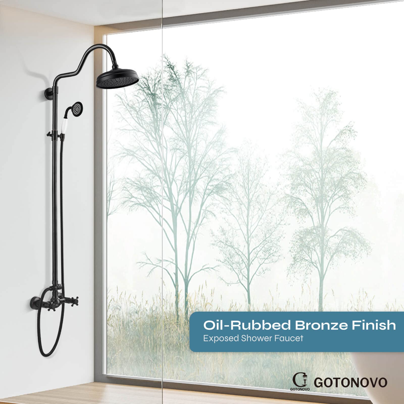 Gotonovo Luxury 8-Inch Wall Mount Exposed Shower System - Oil Rubbed Bronze Rainfall Shower Head with Handheld Spray & Cross Double Handle Faucet, Adjustable Arc Rod for Modern Bathroom Remodel | Perfect for Master Bath, Spa-Like Shower Experience