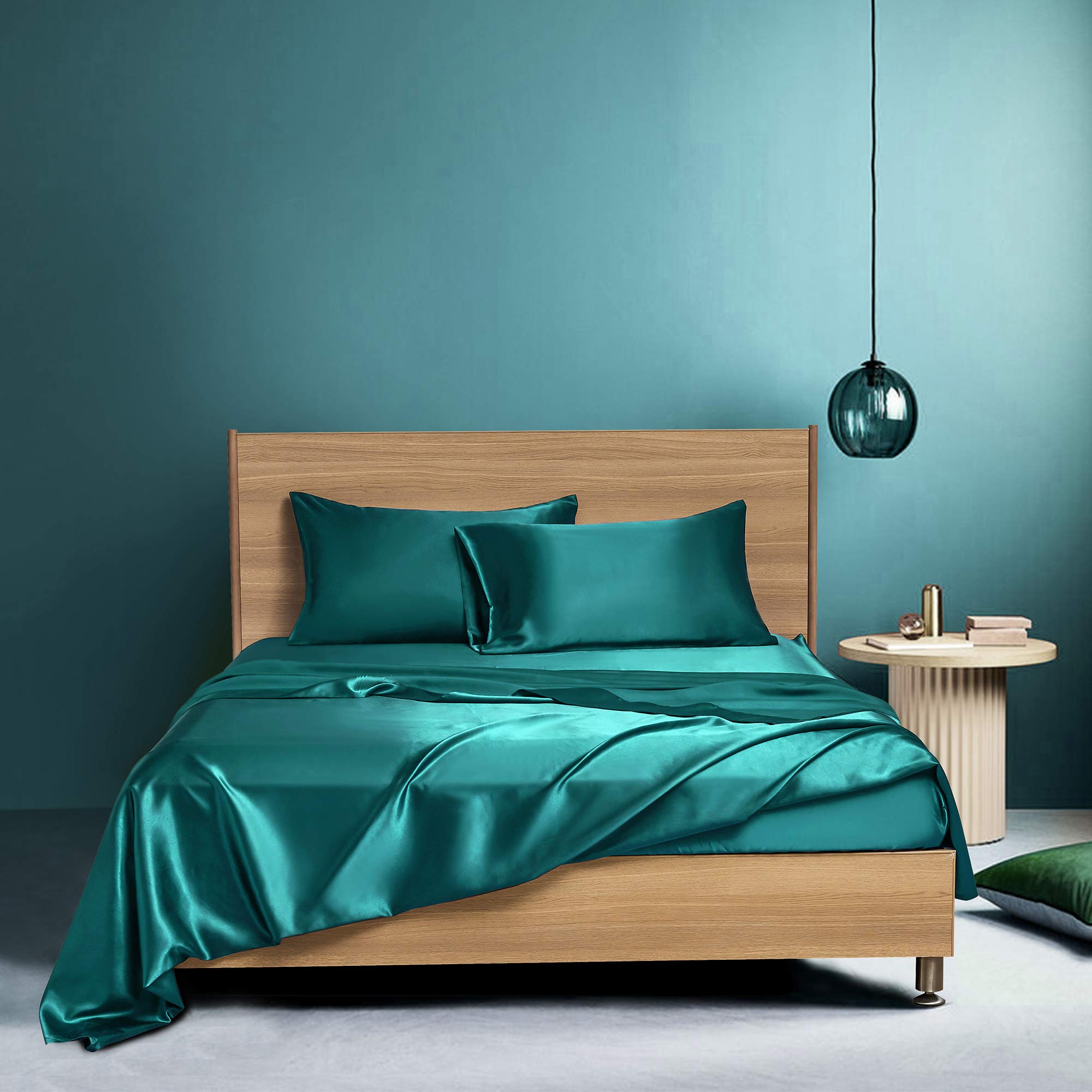 Soft Luxurious 6-Piece Teal Blue 100% Silk Satin Bed Sheet Set - Queen Size (Flat Sheet + Fitted Sheet 15'' Deep Pocket + 4 Pillowcases) - Breathable, Durable Satin Sheets for Hotel-Style Comfort - Perfect for Master Bedroom, Guest Room & Luxury Home Decor