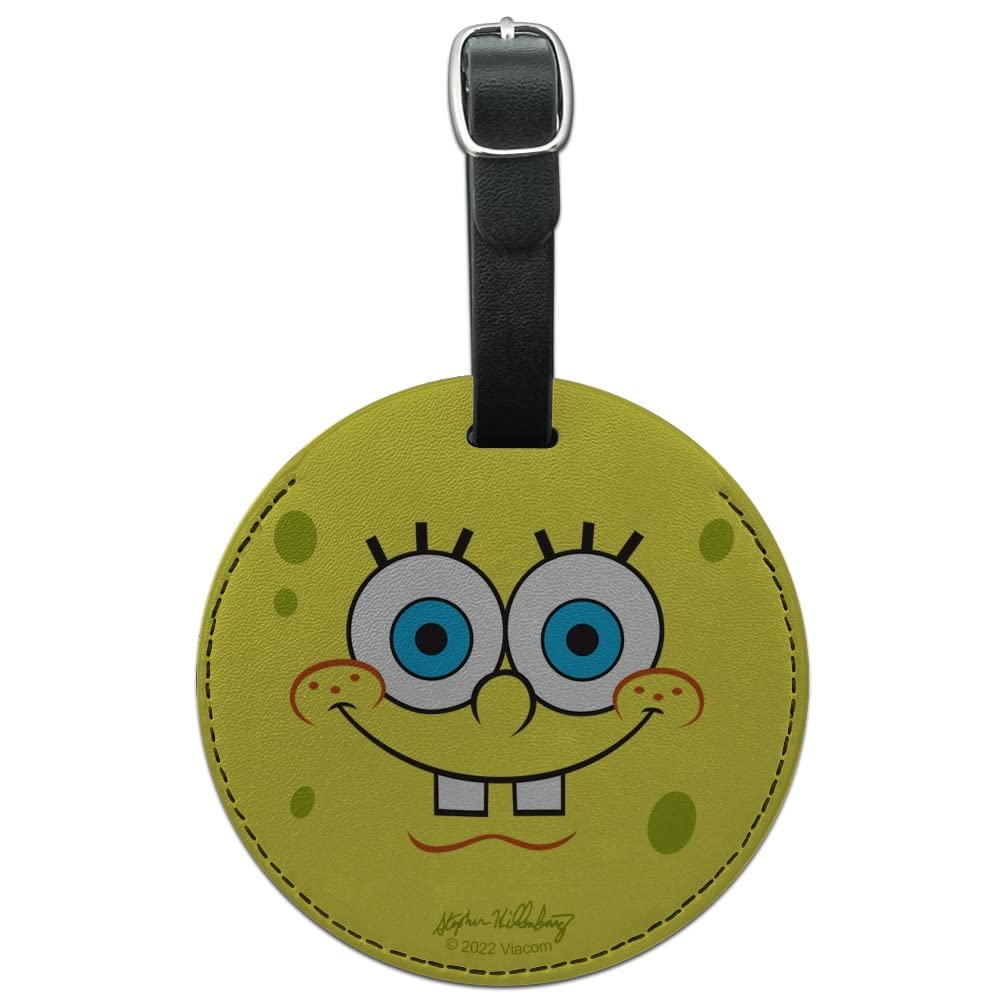 SpongeBob SquarePants Smiling Face Round Leather Luggage Tag - Durable Suitcase ID Tag for Carry-On Bags | Perfect for Travel, Vacation & Kids Luggage Identification