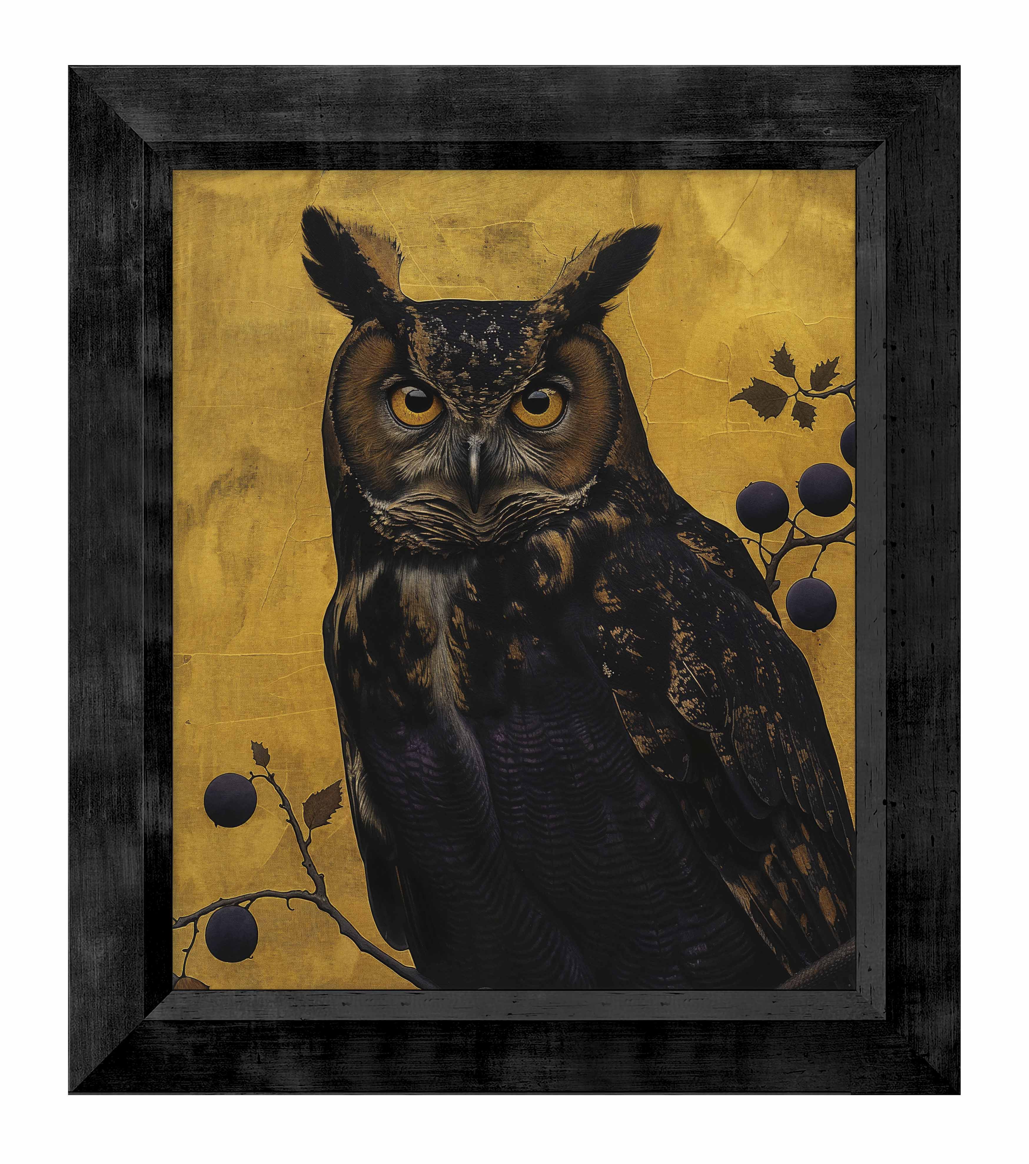 Golden Gaze Great Horned Owl Among Berries - Limited Edition Canvas Wall Art for Home & Office Decor - Nature Inspired Wildlife Painting for Living Room, Bedroom or Gift