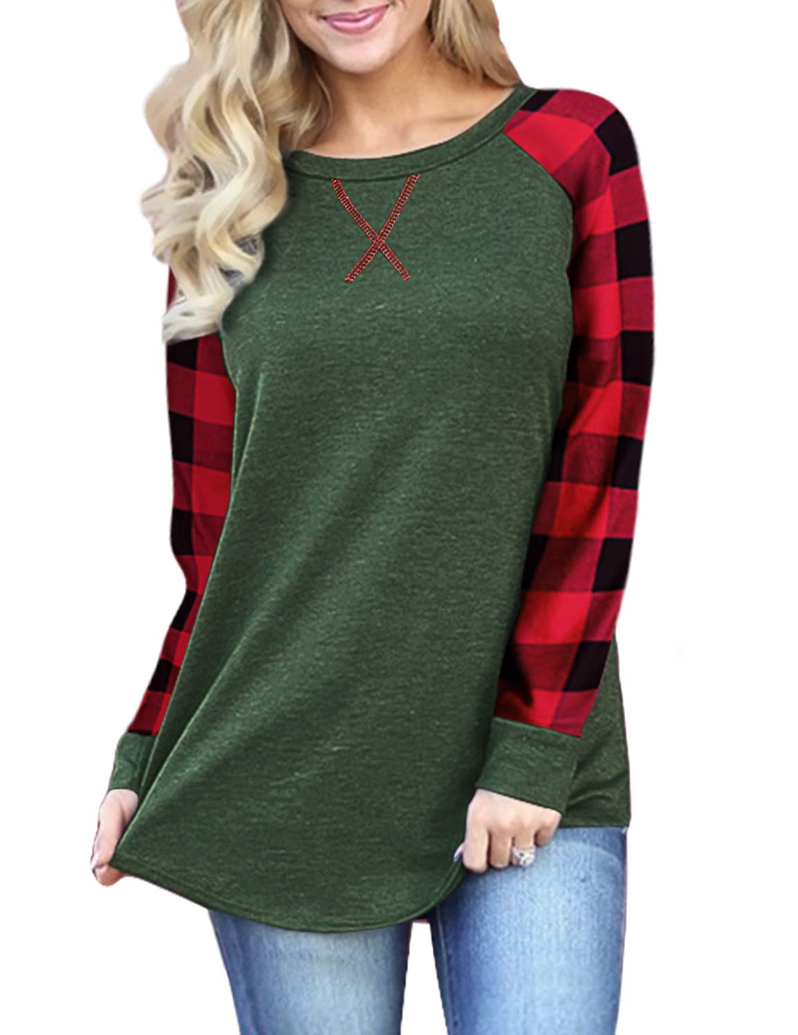 Women's Long Sleeve Buffalo Plaid Shirt - Loose Fit Flannel Checkered Top with Raglan Sleeves & Patchwork Design | Casual Fall Outfits, Layering Piece, Outdoor Activities
