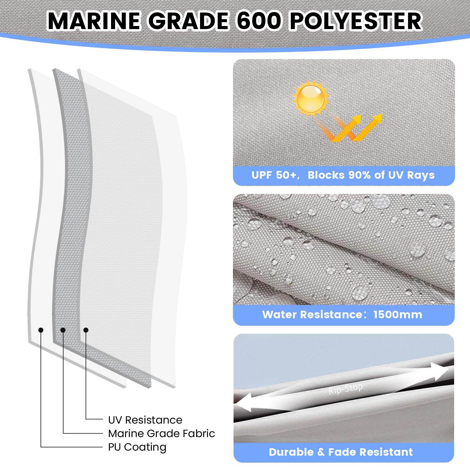 GARVEE 3-Bow 6-Foot Bimini Top with UV Protection - Adjustable Poles, Marine Grade Canvas, Easy Installation for Boats, Yachts & Watercraft - Perfect for Shade & Sun Protection on Deck