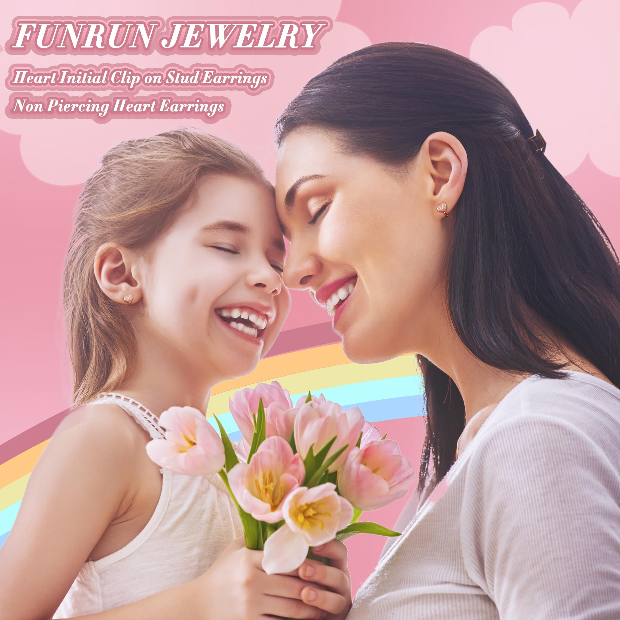 FUNRUN JEWELRY Rose Gold Plated Heart Initial Clip-On Stud Earrings for Women - Dainty Alphabet Letters A-Z Non-Pierced Earrings | Perfect for Gifts, Parties & Everyday Wear