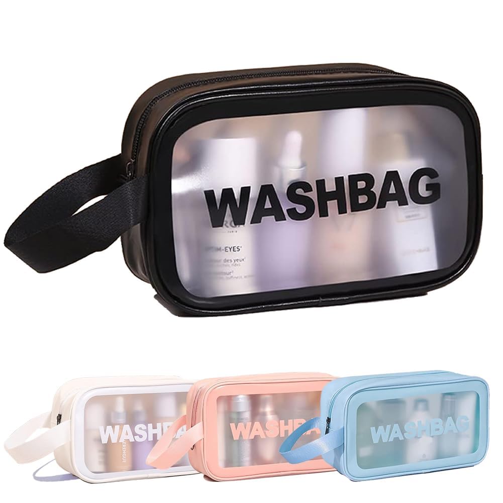 Waterproof Clear PVC Makeup Pouch - Travel Cosmetic Organizer Bag with Zipper for Women & Men | Portable Toiletry Bag for Makeup Brushes, Skincare, Shampoo | Perfect for Gym, Vacation & Daily Use (Pink/Black)