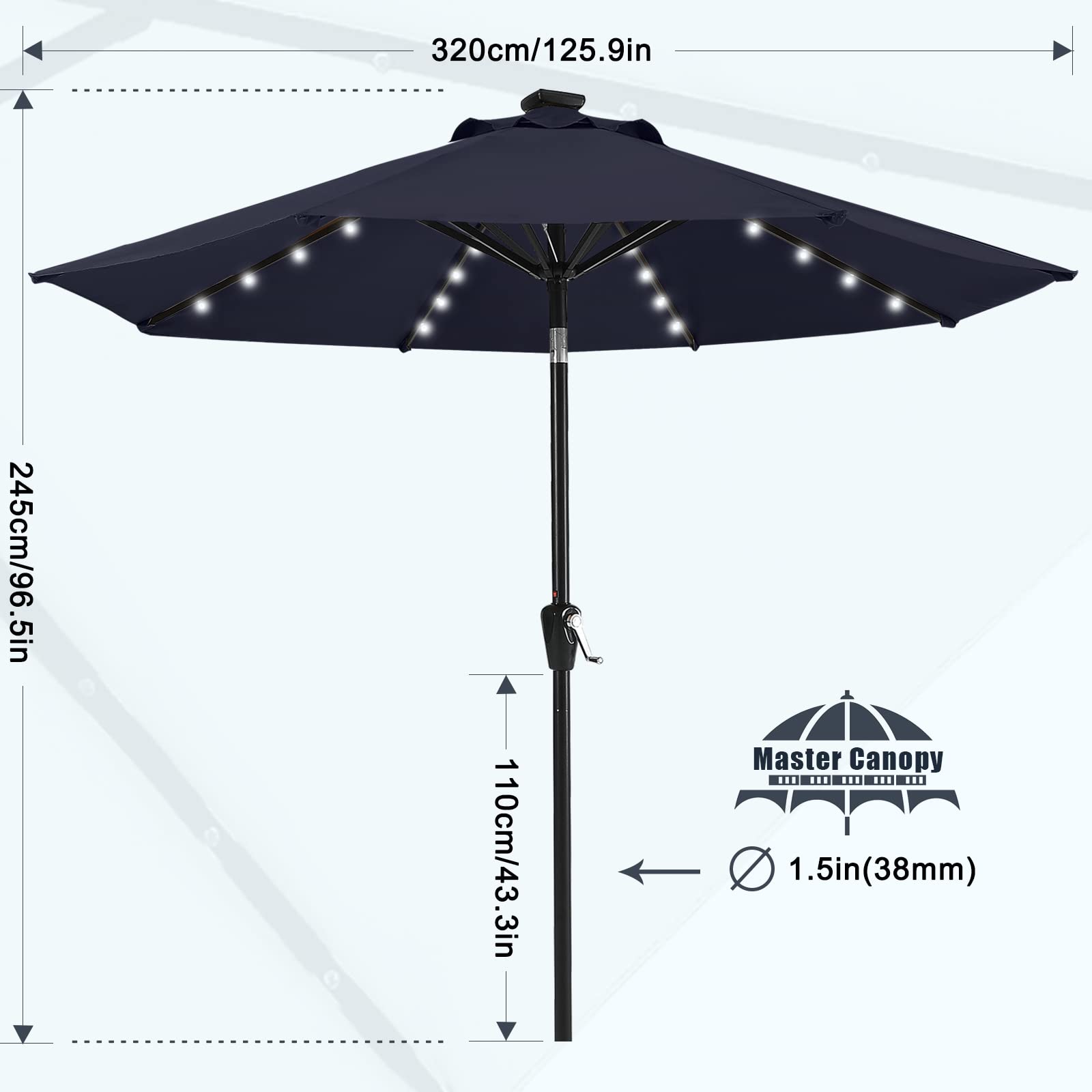 MASTERCANOPY 11ft Navy Blue Patio Umbrella with 32 Solar LED Lights - 8 Ribs Outdoor Market Umbrella for Garden, Poolside, Beach, and Backyard Relaxation
