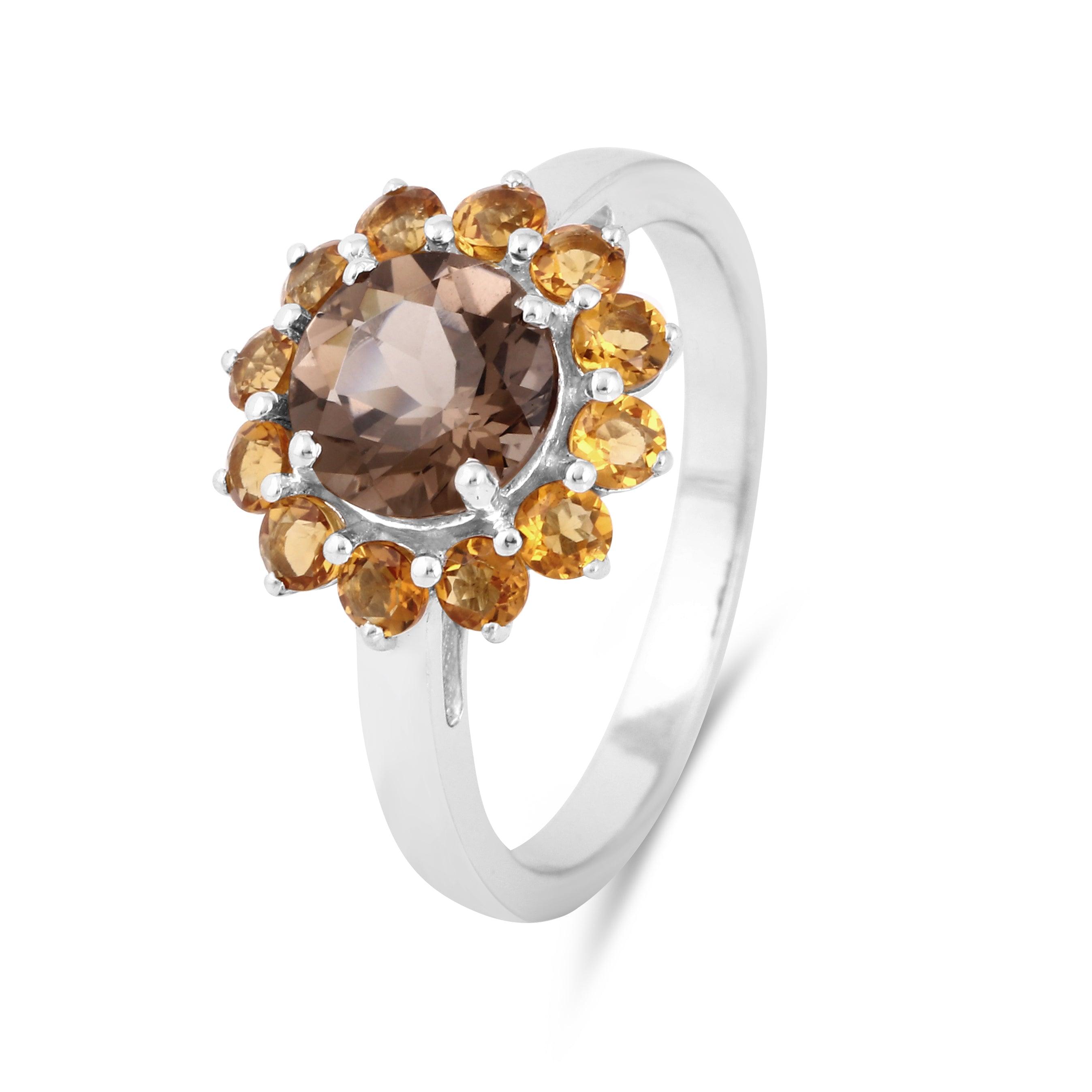 Smoky Quartz Sunflower Ring for Women - Elegant Bohemian Jewelry for Everyday Wear, Gift for Her, Birthday, Anniversary, or Special Occasion