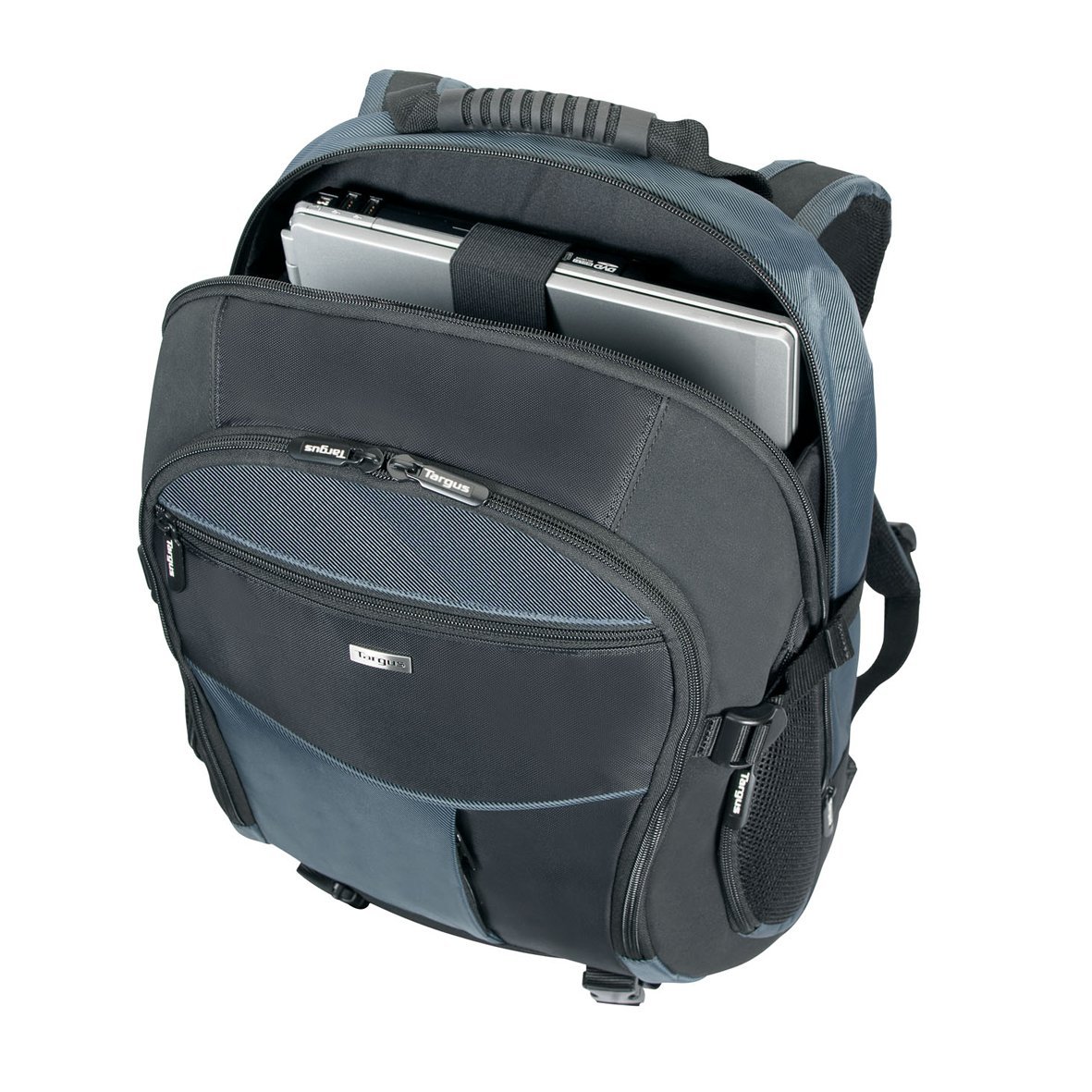 Targus 18-Inch Laptop Backpack with Water-Resistant Rain Cover - Ergonomic Padded Shoulder Straps, Adjustable Chest & Waist Straps - Durable Molded Carry Handle (Black/Blue) - Perfect for Work, School & Travel