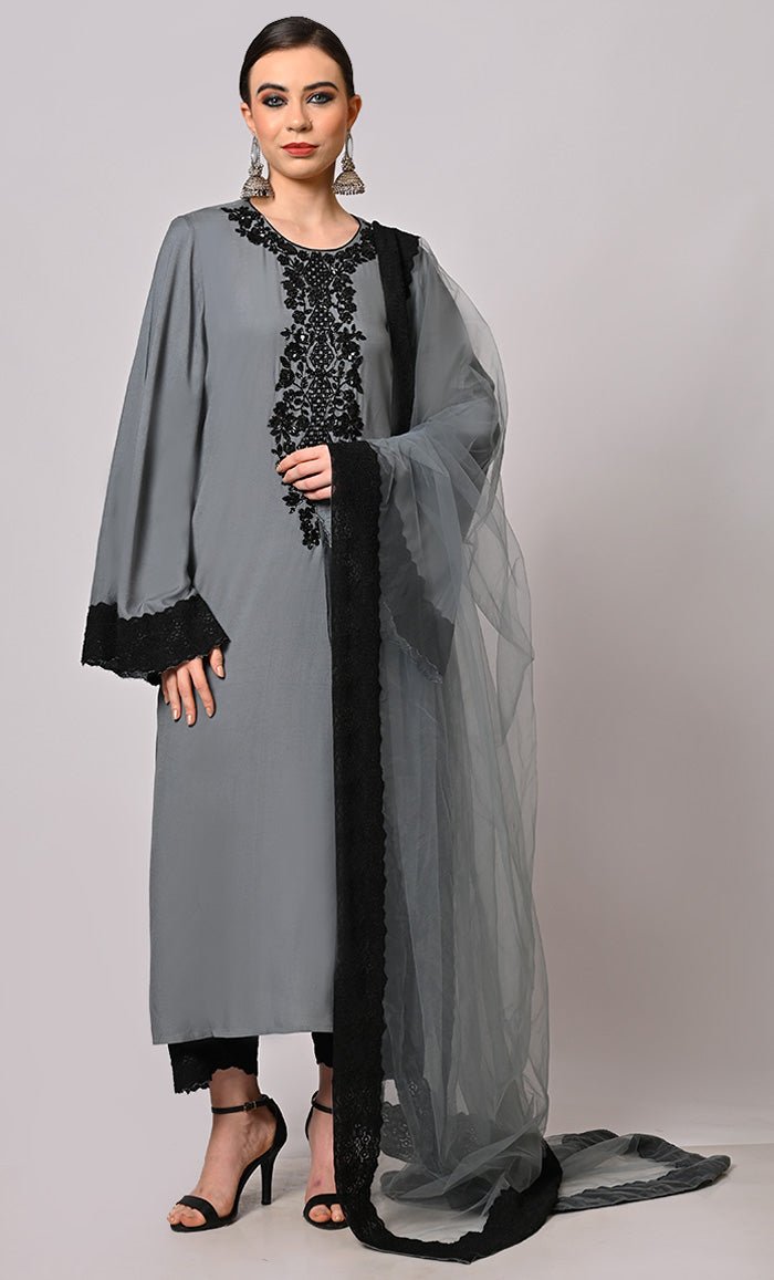 Exquisite Hand Embroidered Grey Salwar Kameez Set with Sequins - Traditional Pakistani/Indian Ethnic Wear for Weddings & Festivals