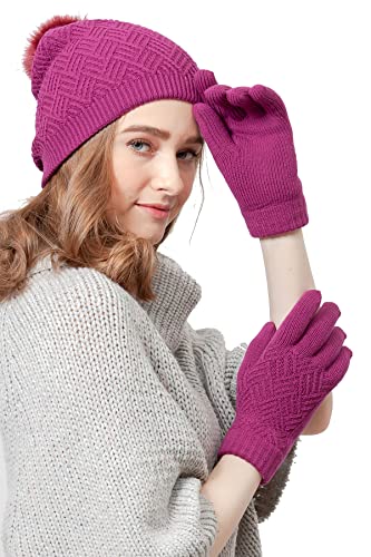 Weave Pom Beanie & Gloves Set: Meganta Pink