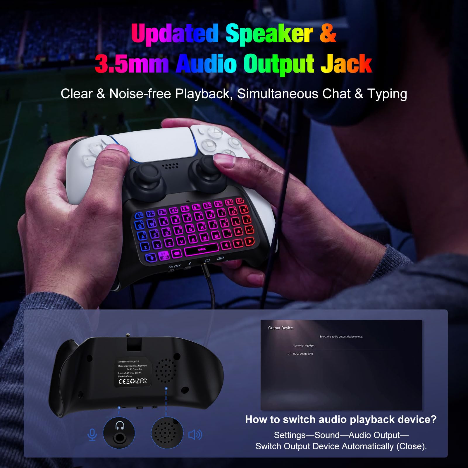 MoKo RGB Backlit Wireless Bluetooth Keyboard for PS5 Controller - Mini Gamepad Chatpad with Upgraded Built-in Speaker & 3.5mm Audio Jack | Perfect for Gaming, Streaming & Voice Chat on Playstation 5