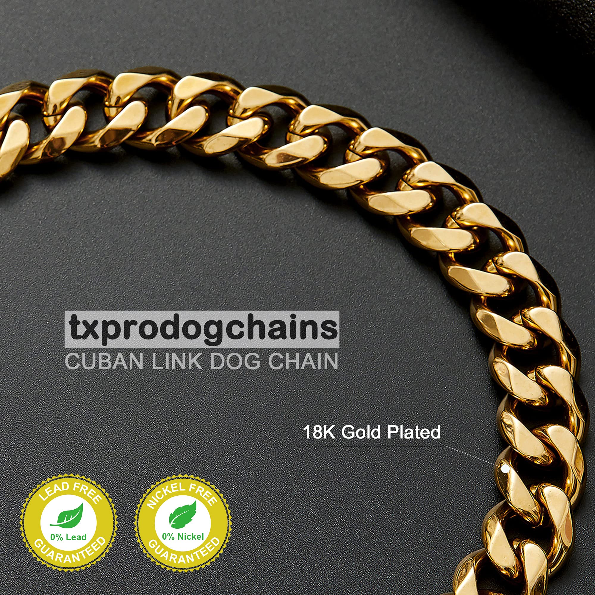 TXPRODOGCHAINS Chew Proof Gold Dog Collar - 15mm Thick Heavy Duty Stainless Steel Cuban Link Chain Collar for Small, Medium & Large Dogs - Perfect for Training, Walking & Outdoor Adventures