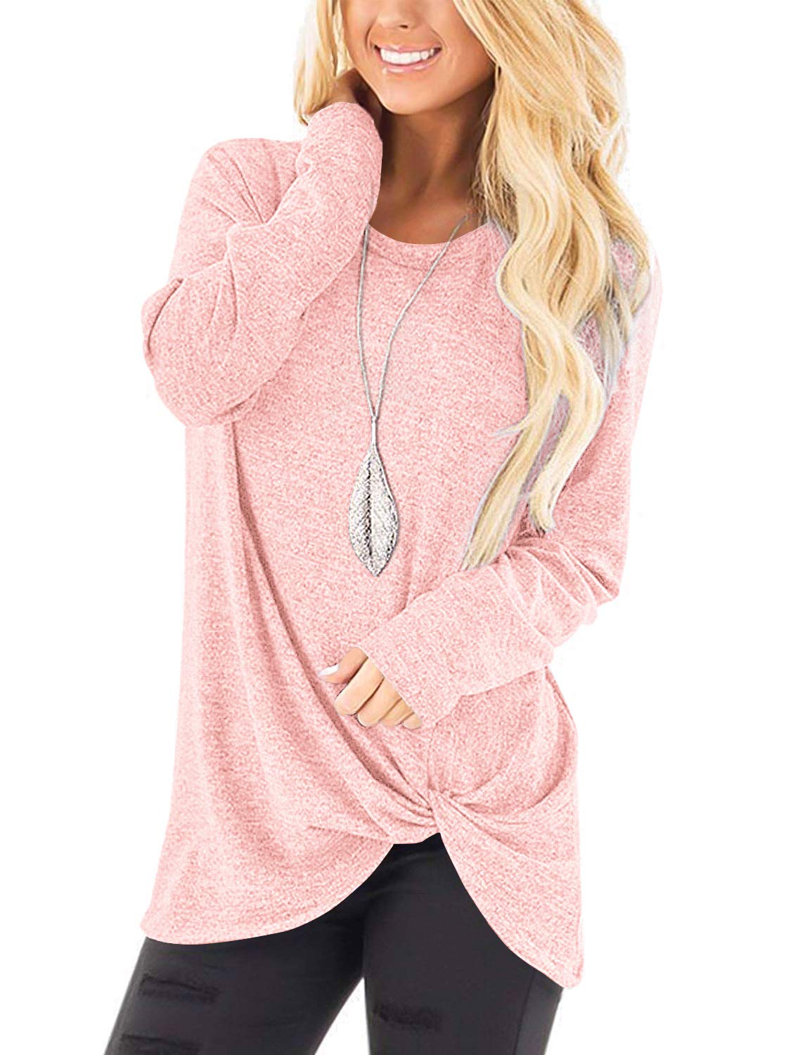 SAMPEEL Women's Casual Long Sleeve Tunic Top with Twist Knot Detail - Stylish Blouse for Leggings | Perfect for Work, Date Night & Everyday Wear